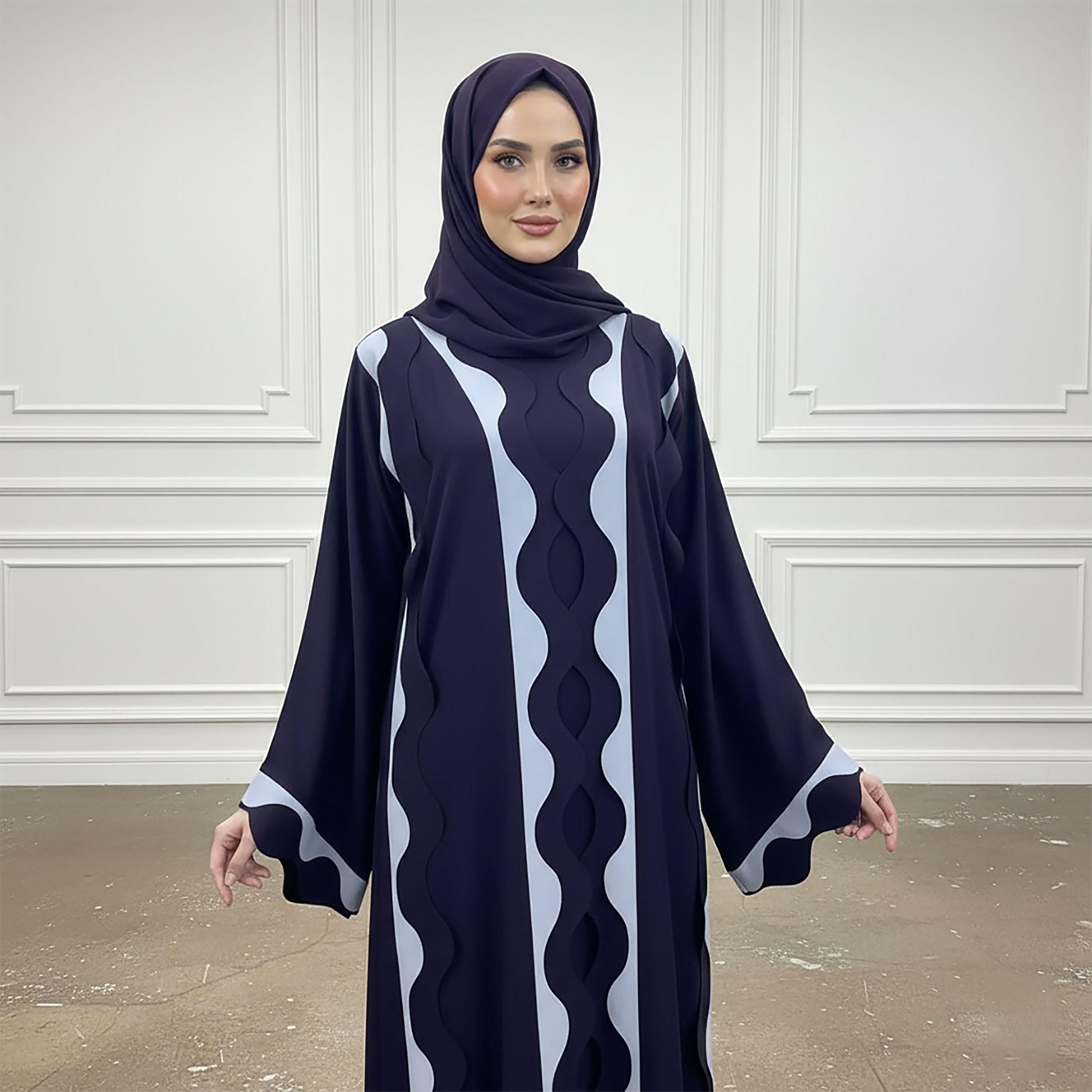 Nukhbaa Navy Blue Scalloped Print Nida Women's Abaya with Hijab-women-arabicclothing-abayas-image-2
