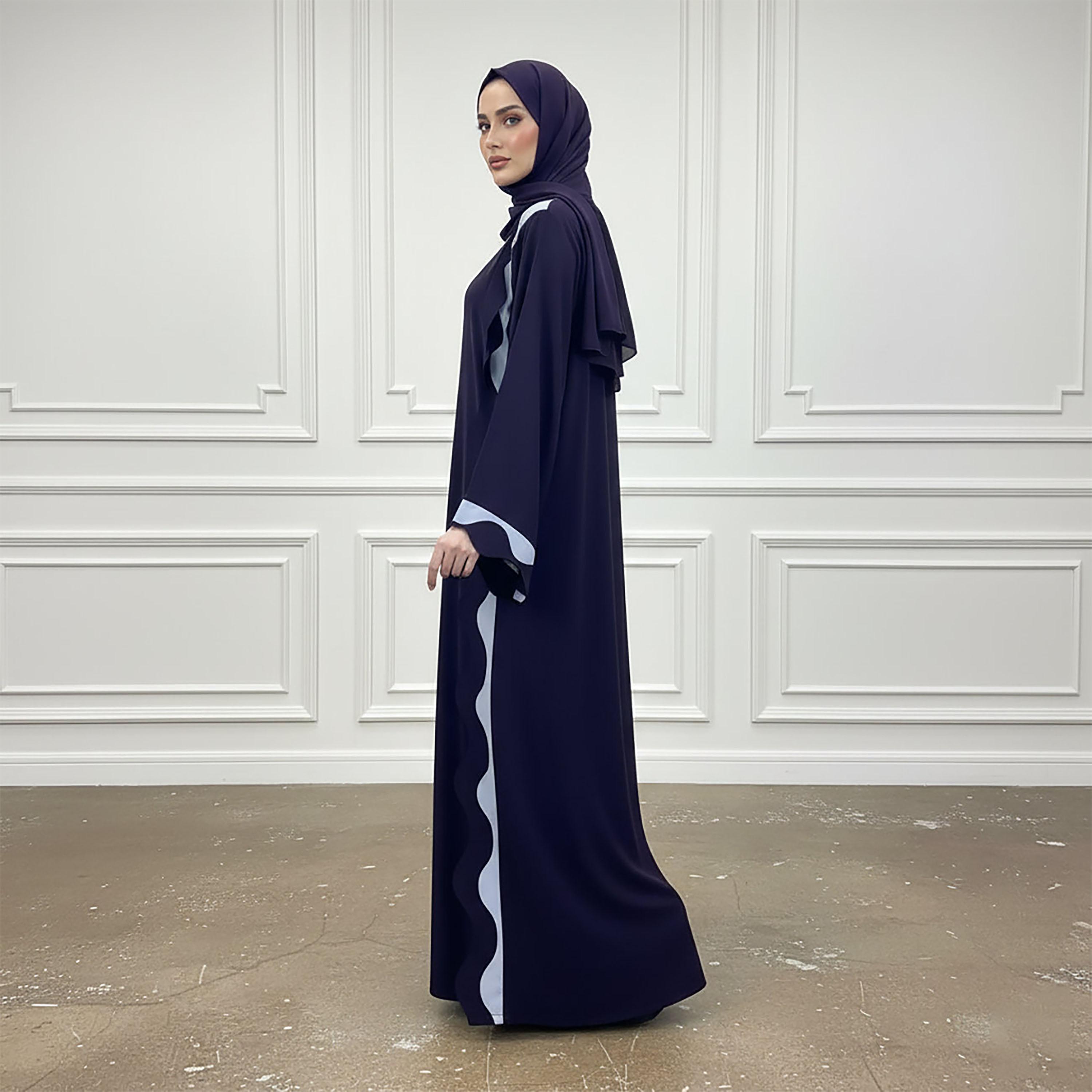 Nukhbaa Navy Blue Scalloped Print Nida Women's Abaya with Hijab-women-arabicclothing-abayas-image-3