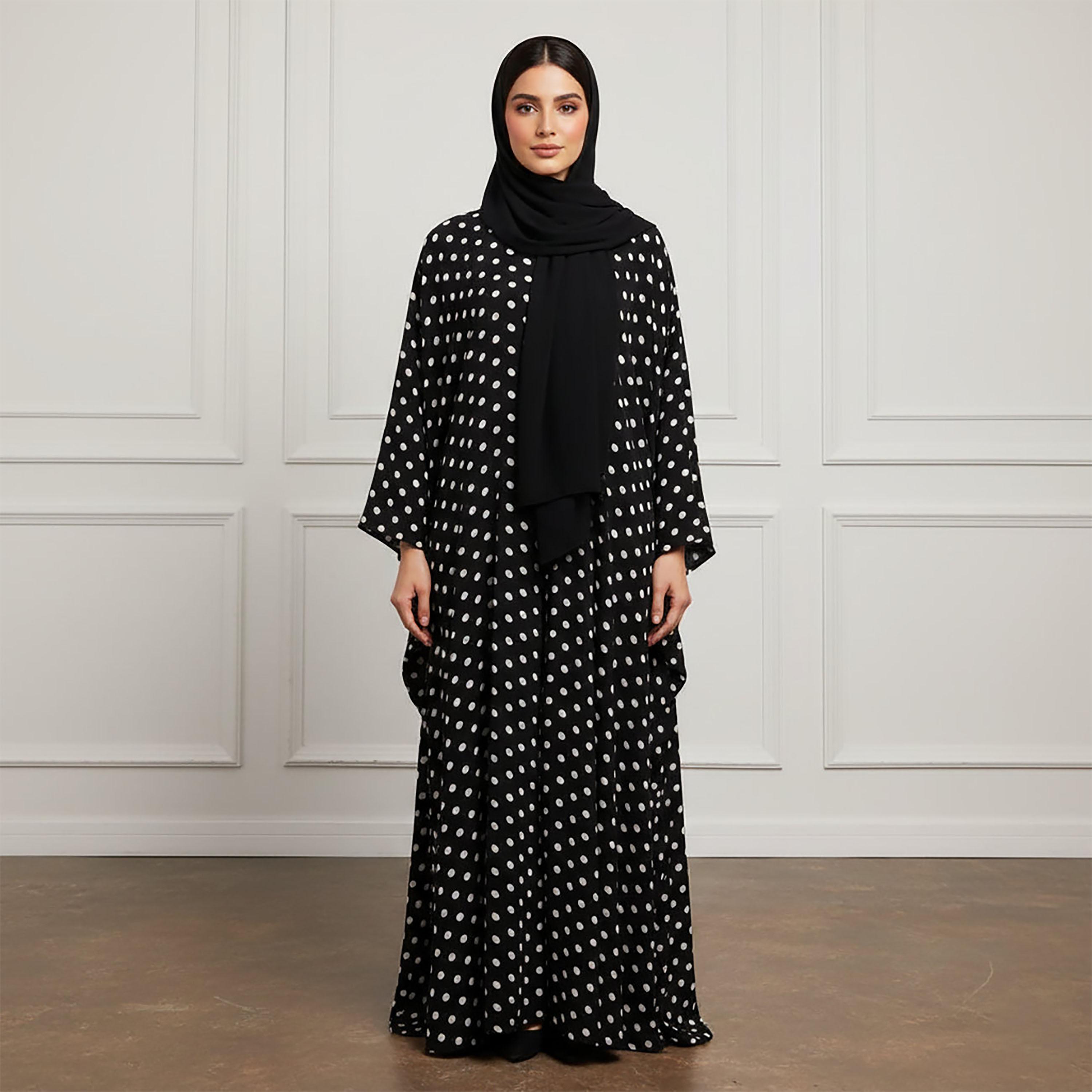 Nukhbaa Black Polka Dot Chiffon & Nida Women's Flared Style Abaya with Hijab-women-arabicclothing-abayas-image-1