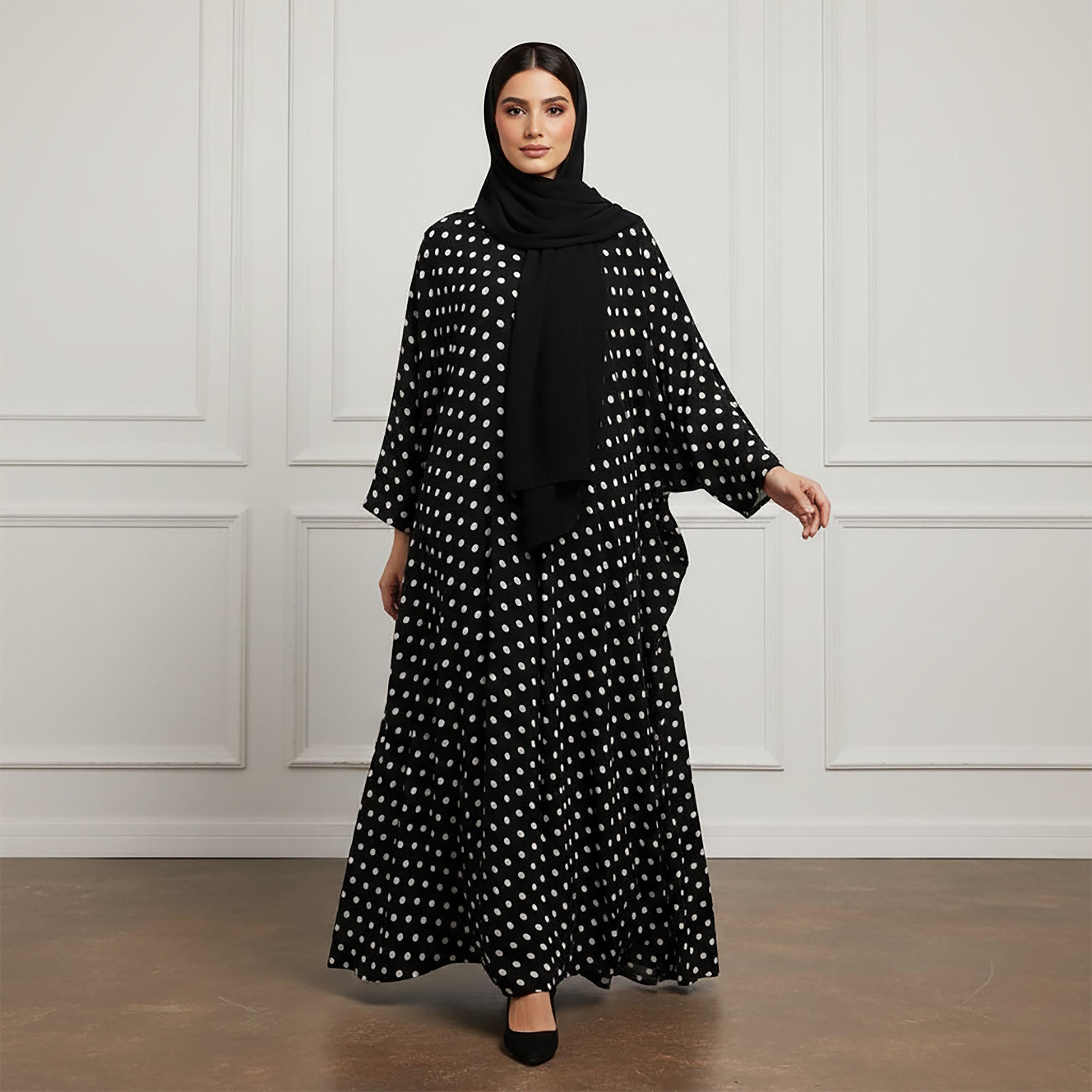 Nukhbaa Black Polka Dot Chiffon & Nida Women's Flared Style Abaya with Hijab-women-arabicclothing-abayas-image-2