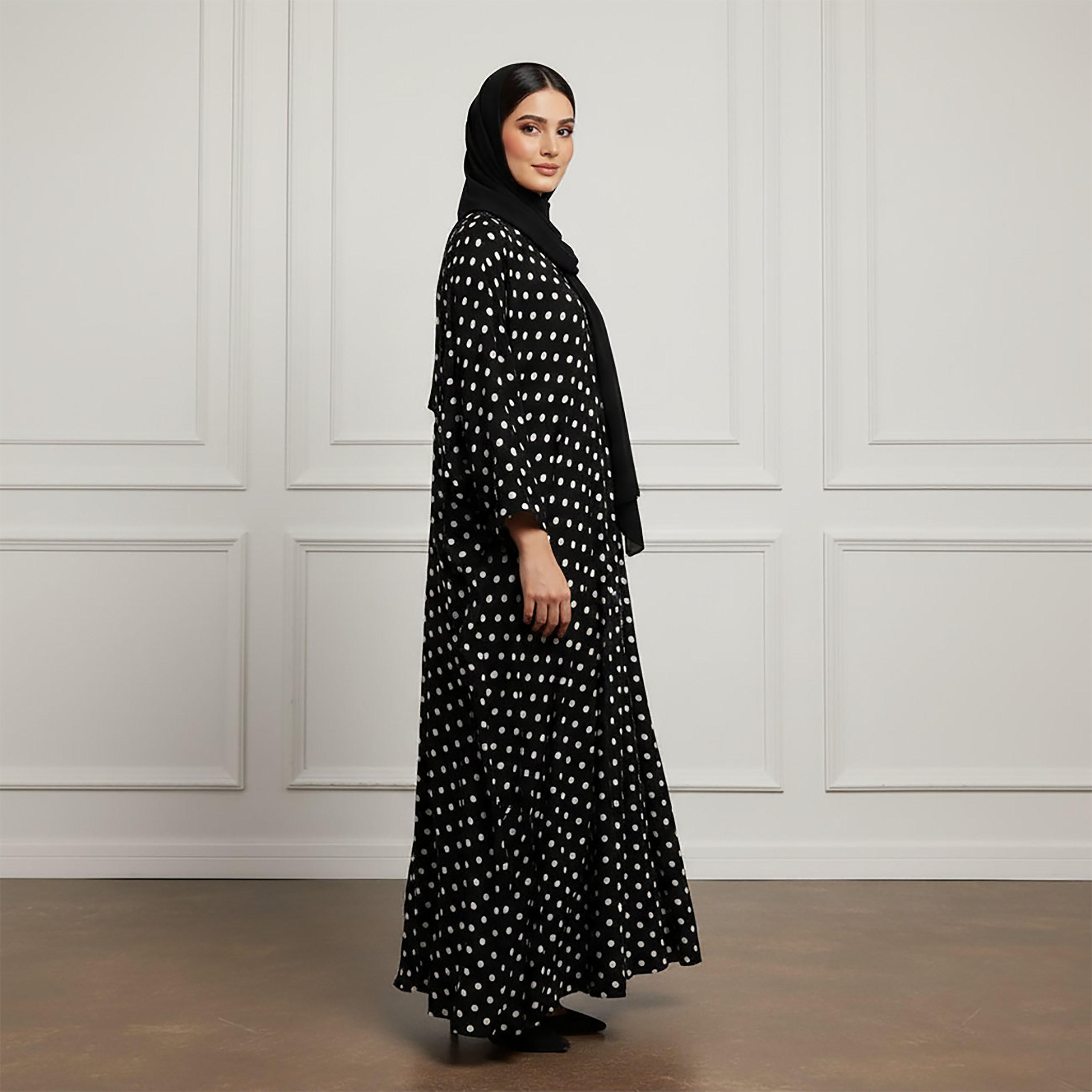 Nukhbaa Black Polka Dot Chiffon & Nida Women's Flared Style Abaya with Hijab-women-arabicclothing-abayas-image-3