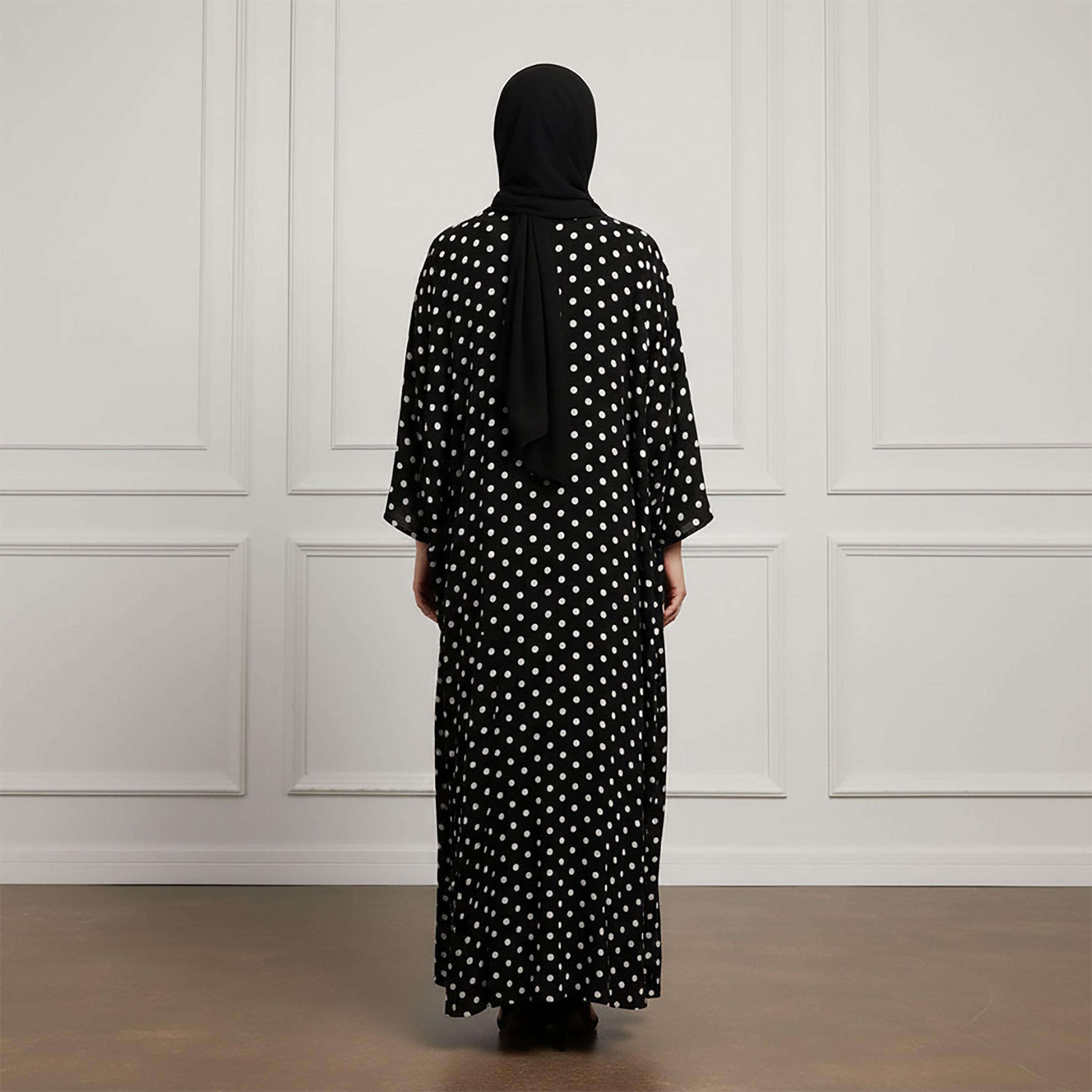 Nukhbaa Black Polka Dot Chiffon & Nida Women's Flared Style Abaya with Hijab-women-arabicclothing-abayas-image-4