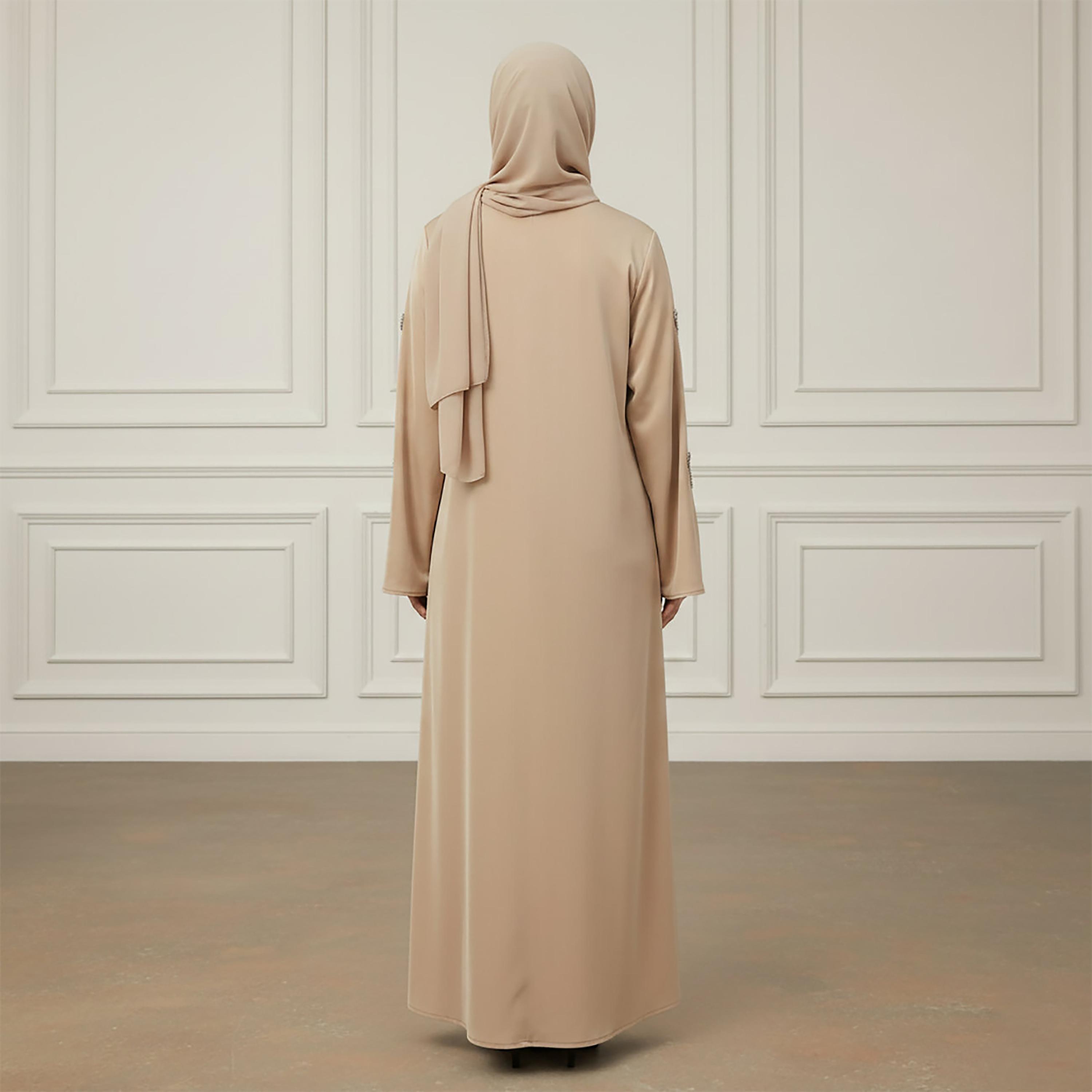 عباءة نسائية من قماش الندى بأكمام واسعة بلون بيج مع حجاب من نخبة-women-arabicclothing-abayas-image-4