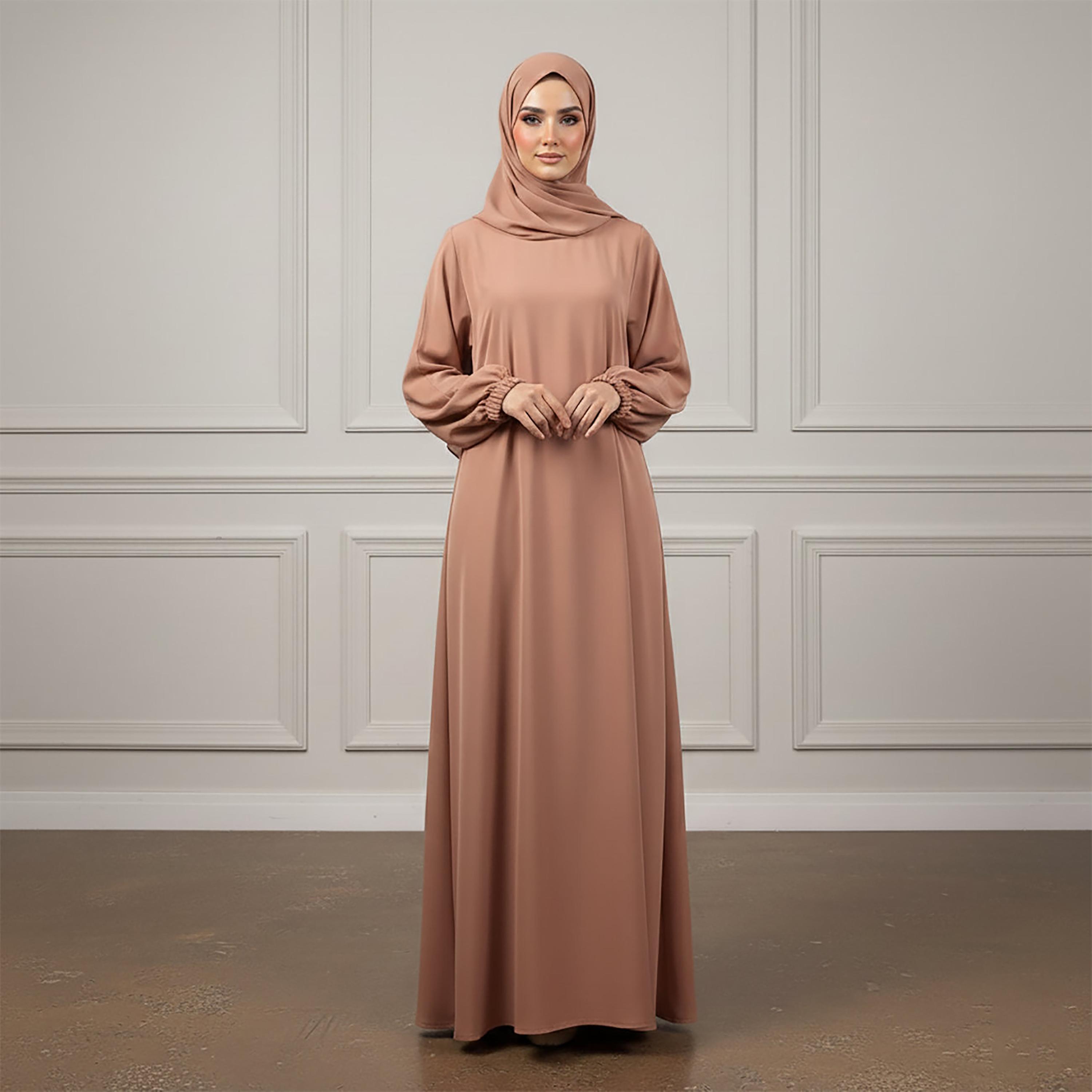 عباءة نسائية كلوش من قماش الندى بأكمام ذات أساور مرنة مع حجاب من نخبة-women-arabicclothing-abayas-image-1