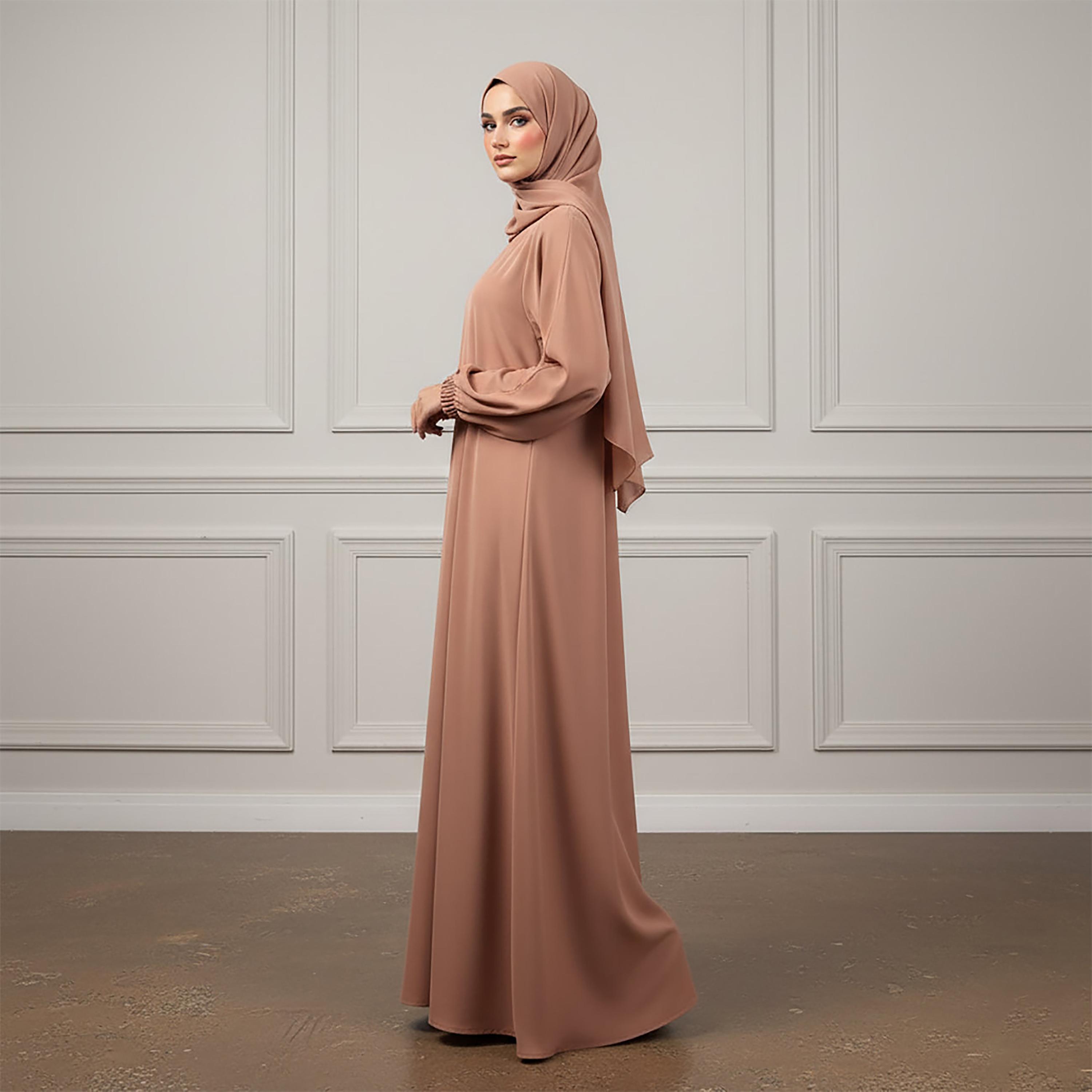 عباءة نسائية كلوش من قماش الندى بأكمام ذات أساور مرنة مع حجاب من نخبة-women-arabicclothing-abayas-image-3