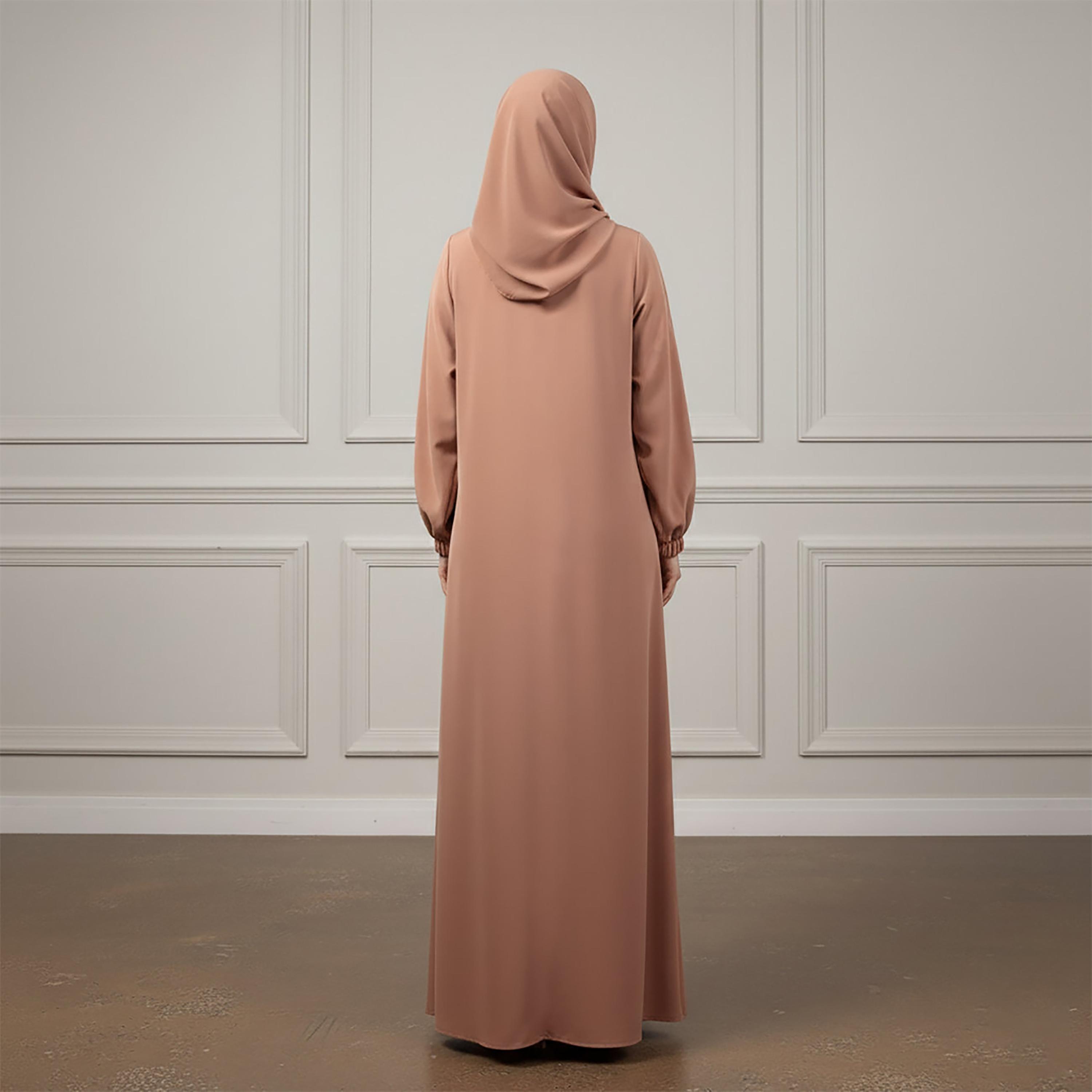 عباءة نسائية كلوش من قماش الندى بأكمام ذات أساور مرنة مع حجاب من نخبة-women-arabicclothing-abayas-image-4