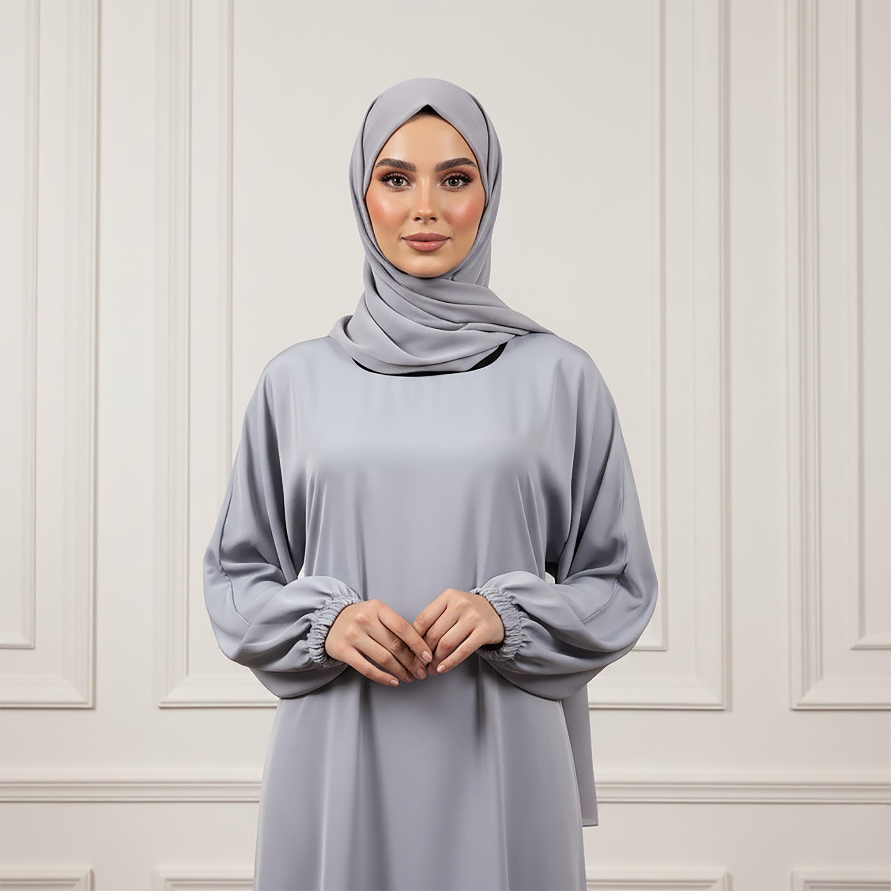 عباءة نسائية كلوش من قماش الندى بأكمام ذات أساور مرنة مع حجاب من نخبة-women-arabicclothing-abayas-image-2