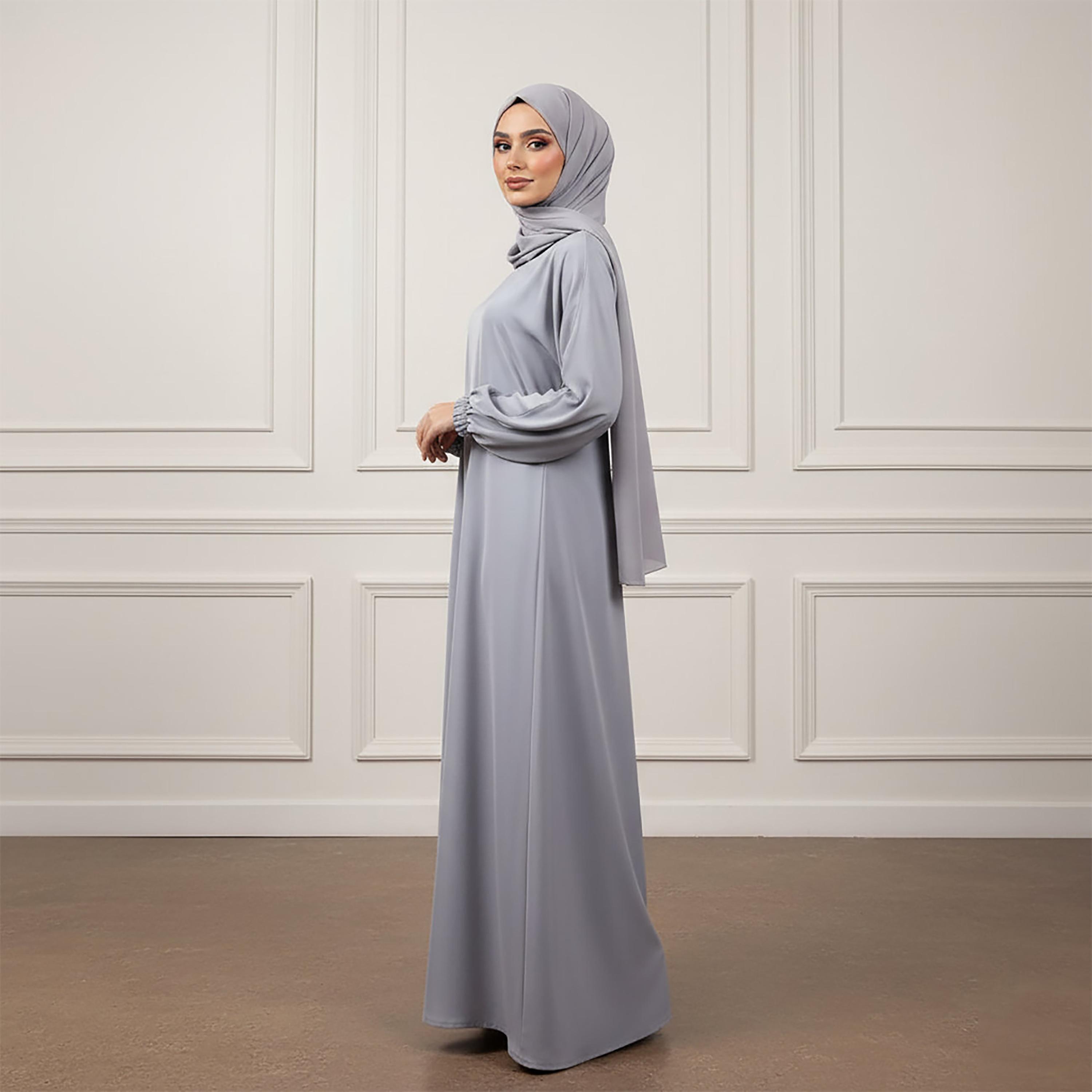 عباءة نسائية كلوش من قماش الندى بأكمام ذات أساور مرنة مع حجاب من نخبة-women-arabicclothing-abayas-image-3