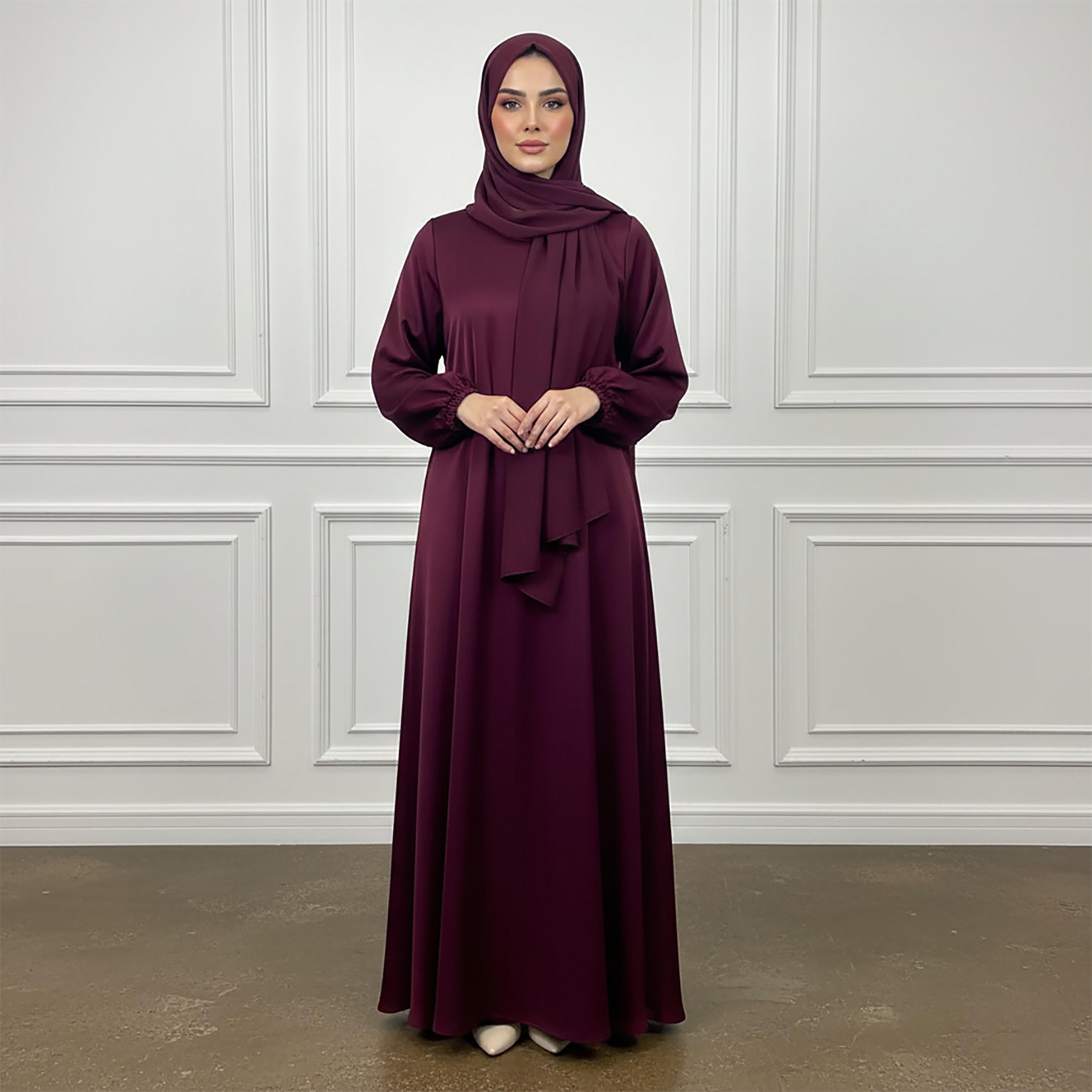 عباءة نسائية كلوش من قماش الندى بأكمام ذات أساور مرنة مع حجاب من نخبة-women-arabicclothing-abayas-image-1