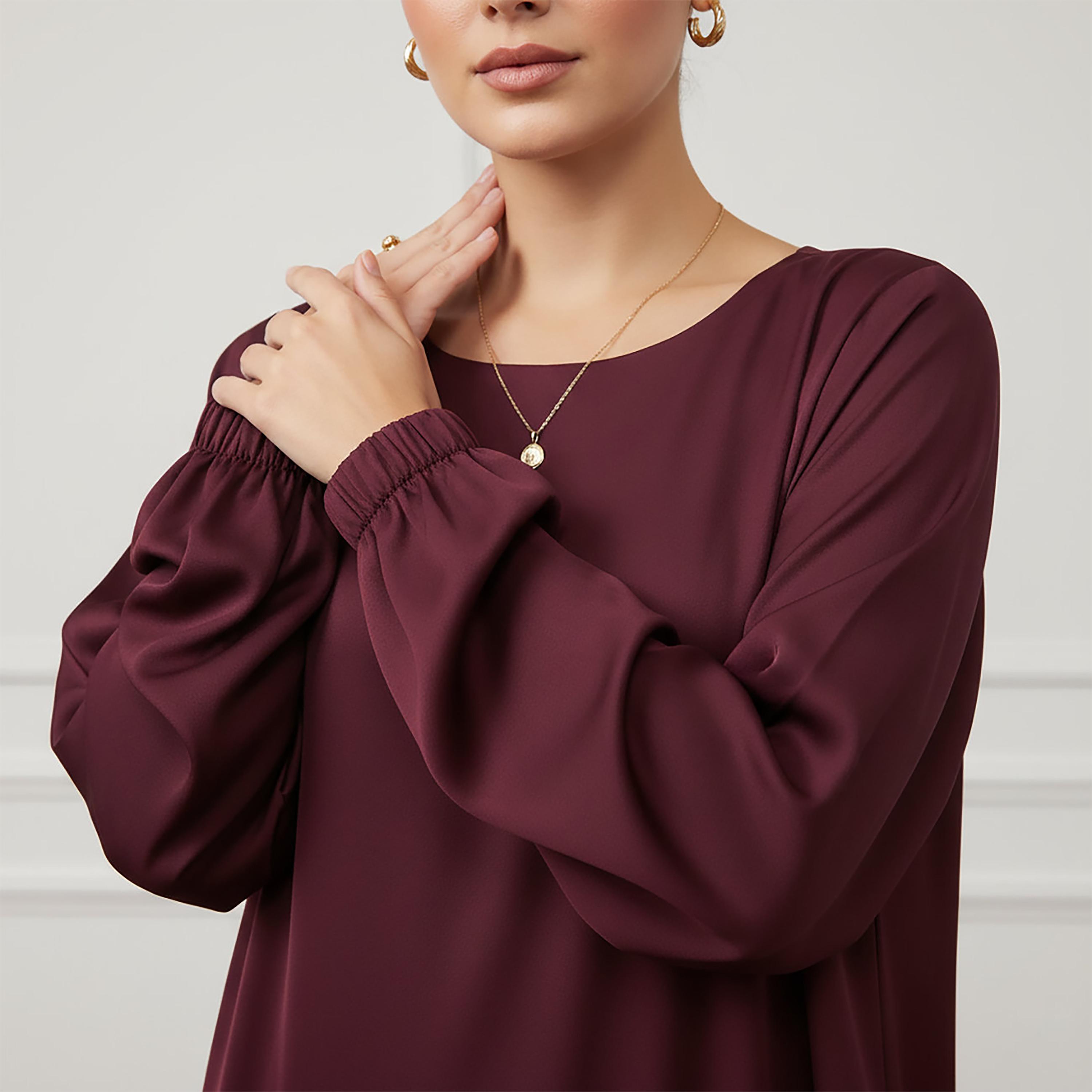 عباءة نسائية كلوش من قماش الندى بأكمام ذات أساور مرنة مع حجاب من نخبة-women-arabicclothing-abayas-image-2