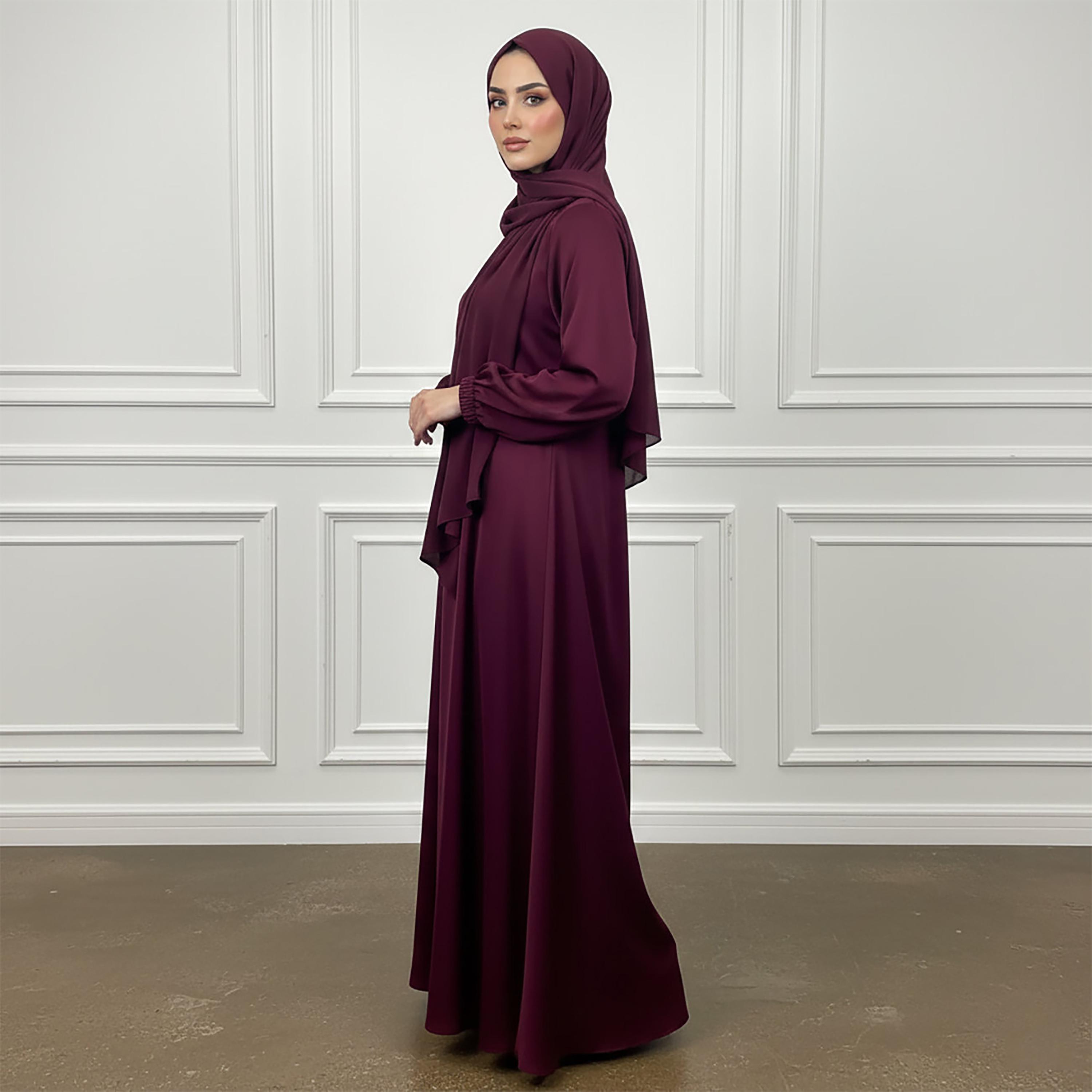 عباءة نسائية كلوش من قماش الندى بأكمام ذات أساور مرنة مع حجاب من نخبة-women-arabicclothing-abayas-image-3