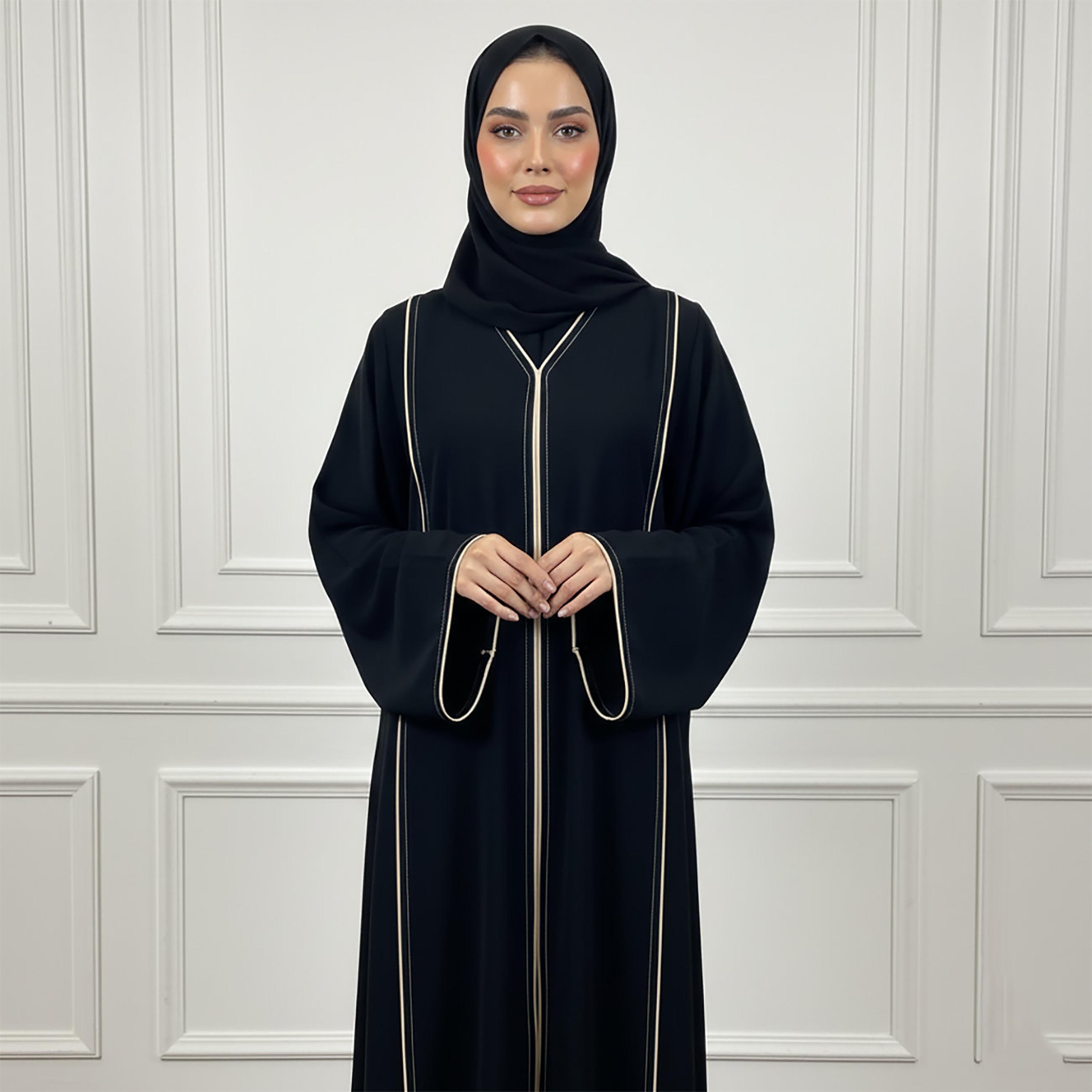 عباءة نسائية من قماش الندى بأكمام عريضة وشريط تحديد متباين بلون أسود مع حجاب من نخبة-women-arabicclothing-abayas-image-2