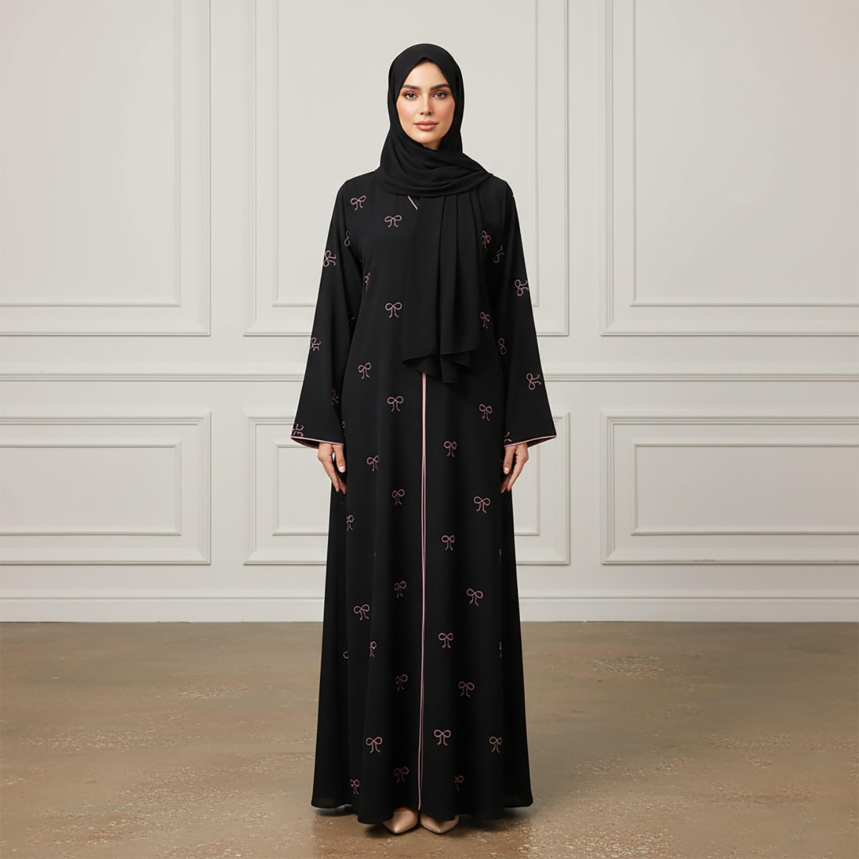 Nukhbaa Black Bow Embroidered Nida Women's Abaya with Hijab-women-arabicclothing-abayas-image-1