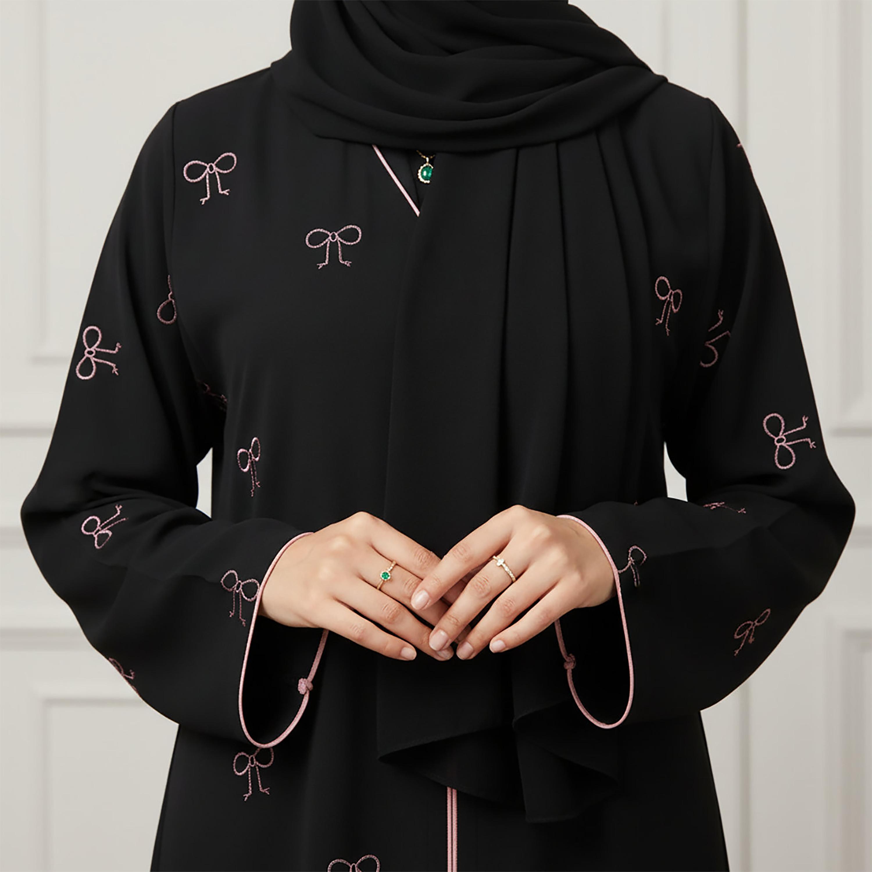Nukhbaa Black Bow Embroidered Nida Women's Abaya with Hijab-women-arabicclothing-abayas-image-2