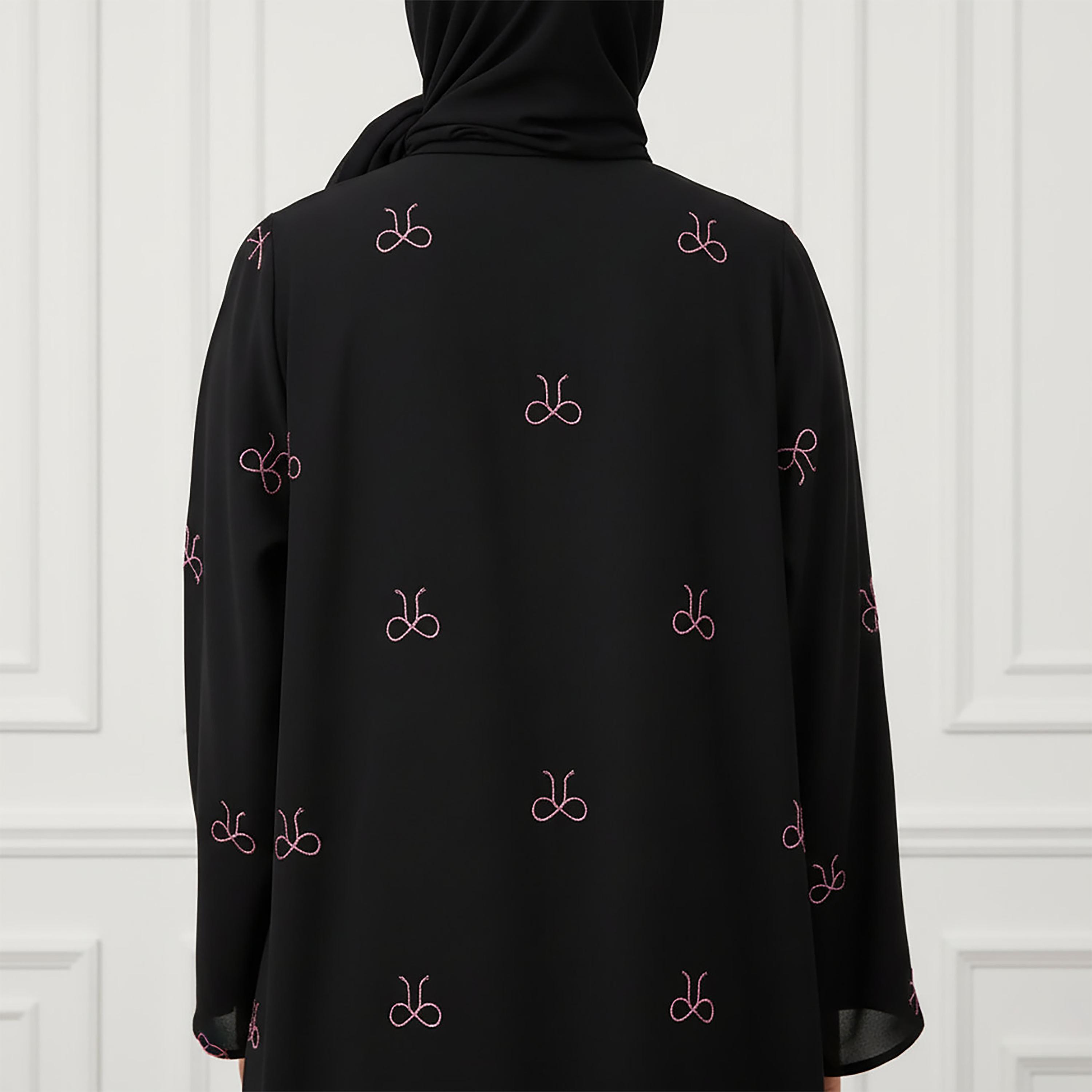 Nukhbaa Black Bow Embroidered Nida Women's Abaya with Hijab-women-arabicclothing-abayas-image-3