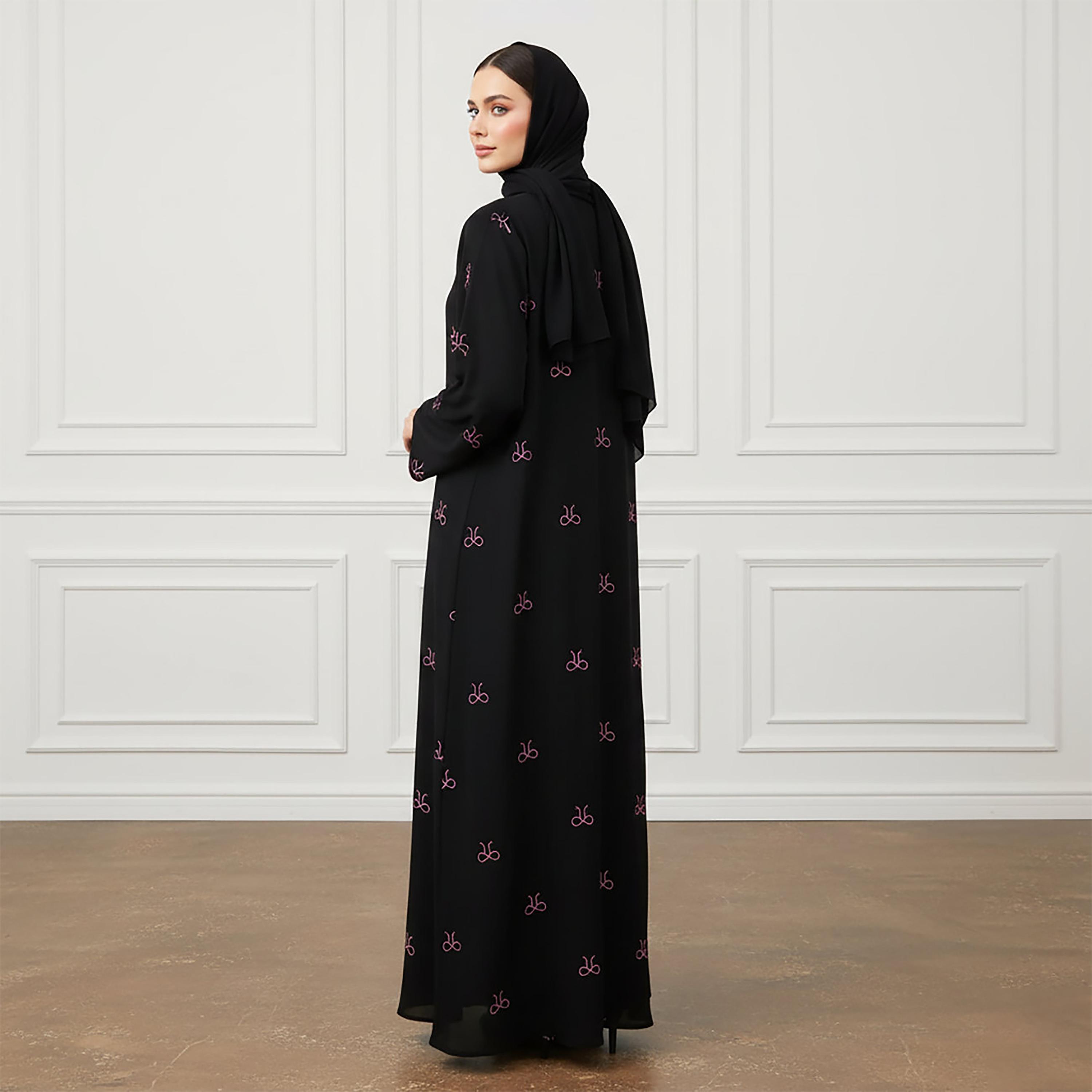 Nukhbaa Black Bow Embroidered Nida Women's Abaya with Hijab-women-arabicclothing-abayas-image-4