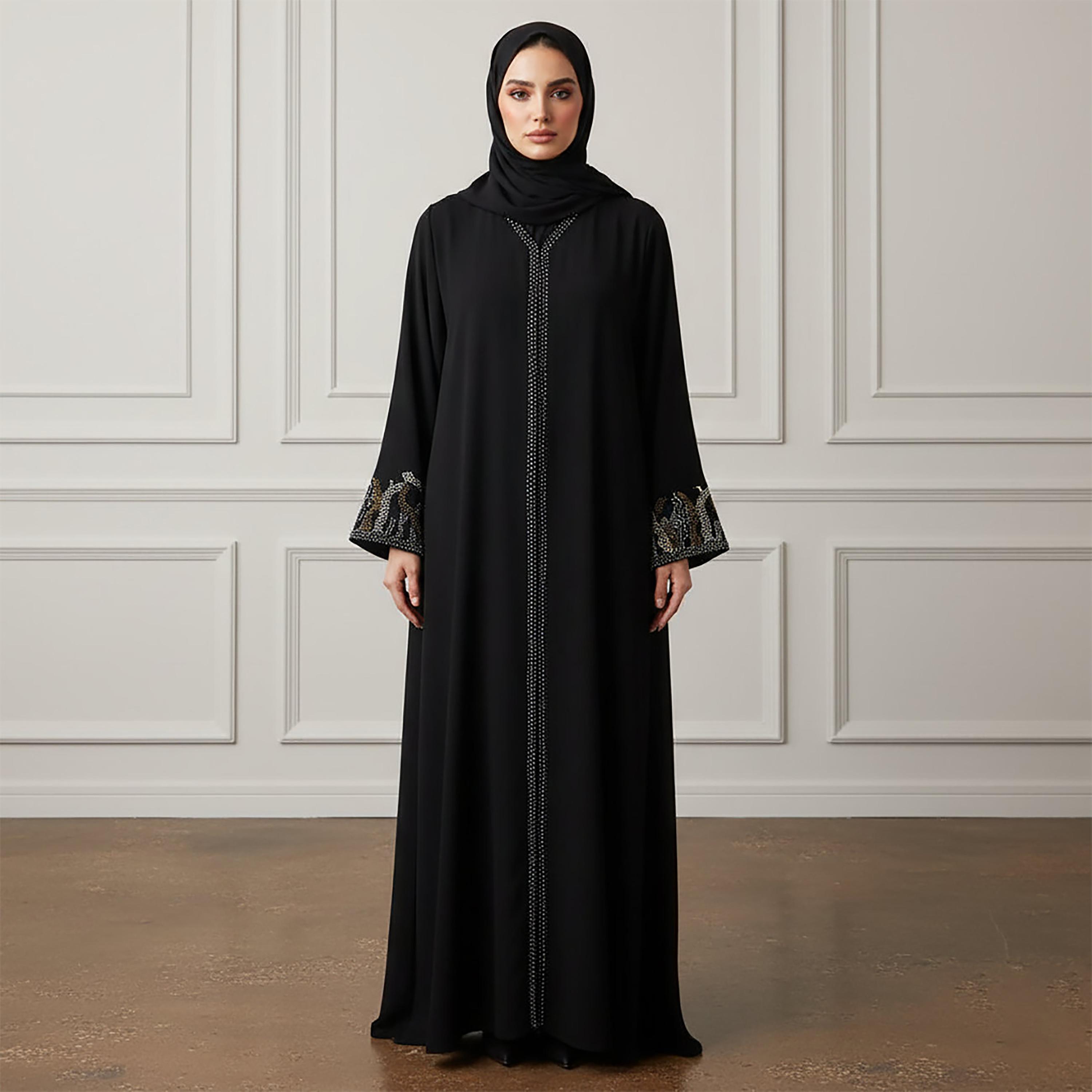 عباءة نسائية كريب بأكمام ذات أساور مزينة بلون أسود مع حجاب من نخبة-women-arabicclothing-abayas-image-1