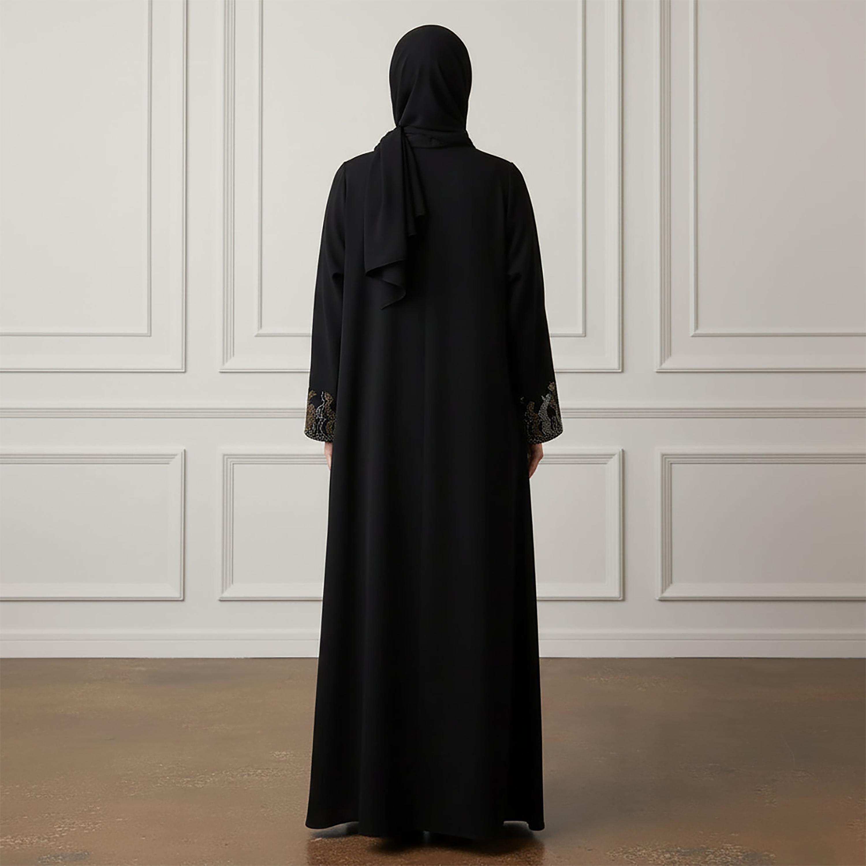 عباءة نسائية كريب بأكمام ذات أساور مزينة بلون أسود مع حجاب من نخبة-women-arabicclothing-abayas-image-4