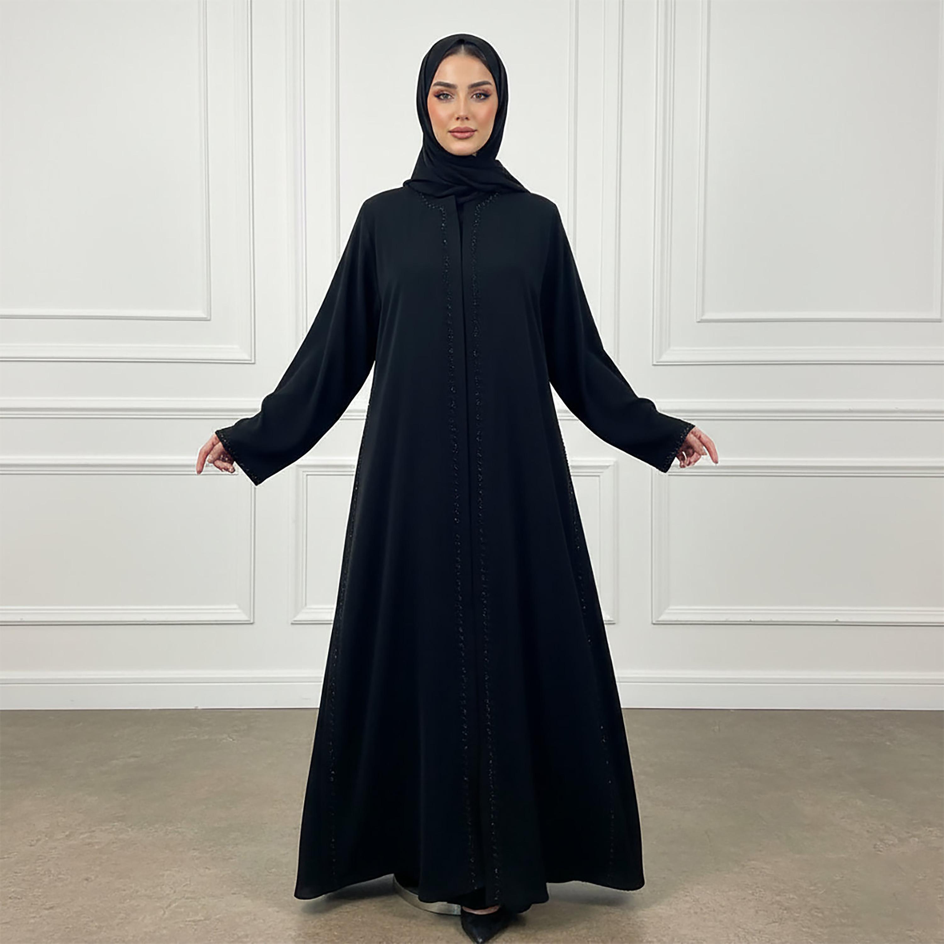 عباءة نسائية كلوش من قماش الندى بتفاصيل دانتيل بلون أسود مع حجاب من نخبة-women-arabicclothing-abayas-image-1