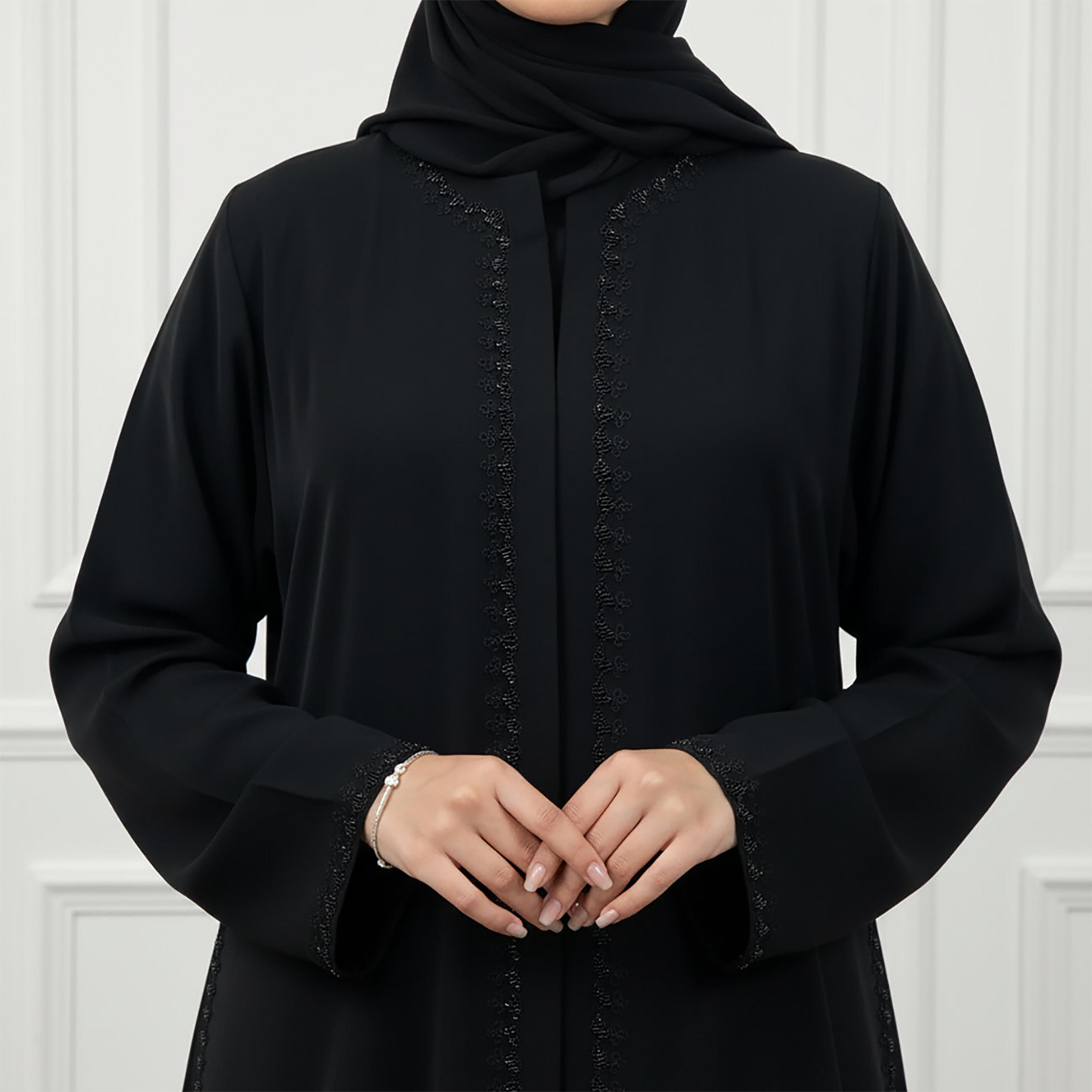 عباءة نسائية كلوش من قماش الندى بتفاصيل دانتيل بلون أسود مع حجاب من نخبة-women-arabicclothing-abayas-image-2
