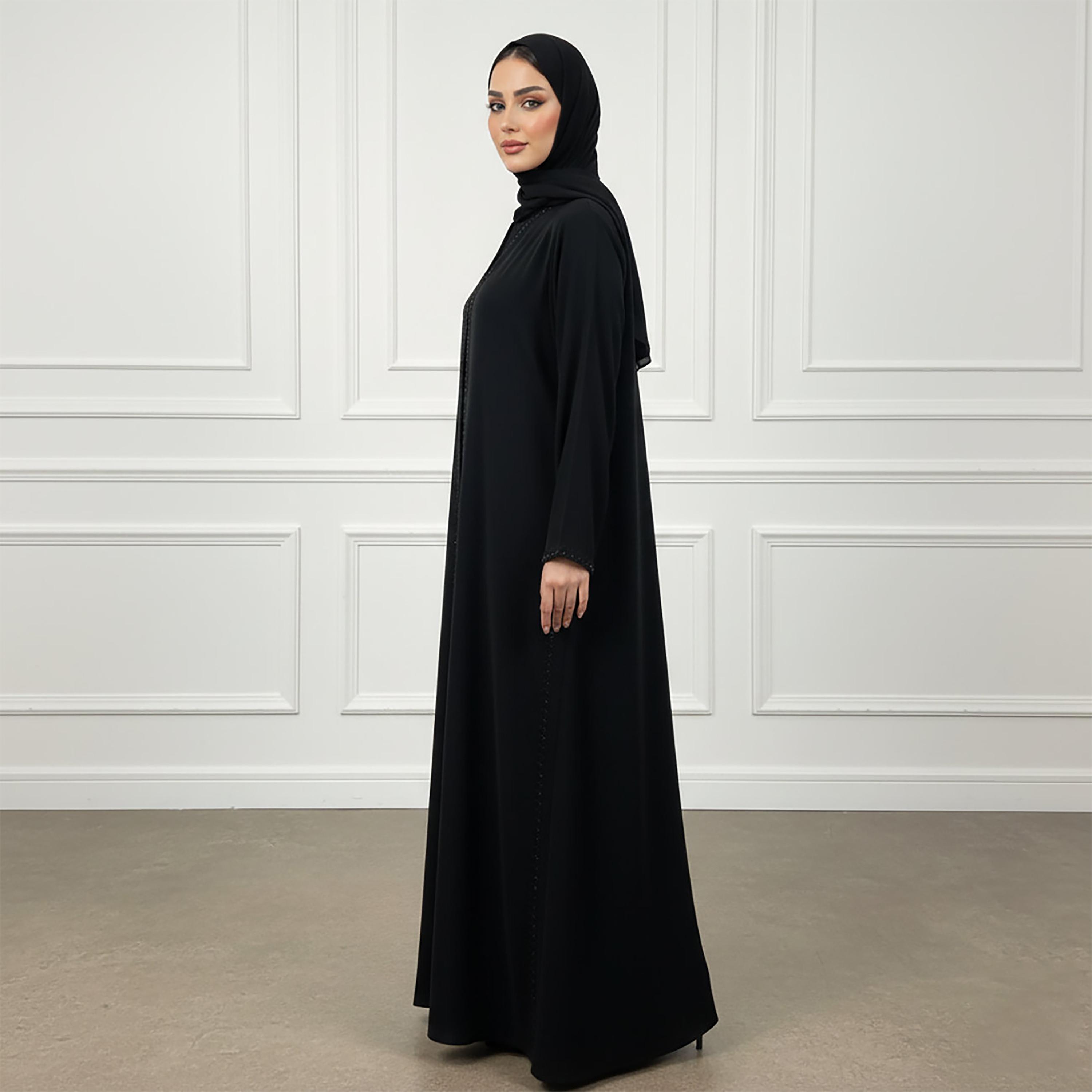 عباءة نسائية كلوش من قماش الندى بتفاصيل دانتيل بلون أسود مع حجاب من نخبة-women-arabicclothing-abayas-image-3