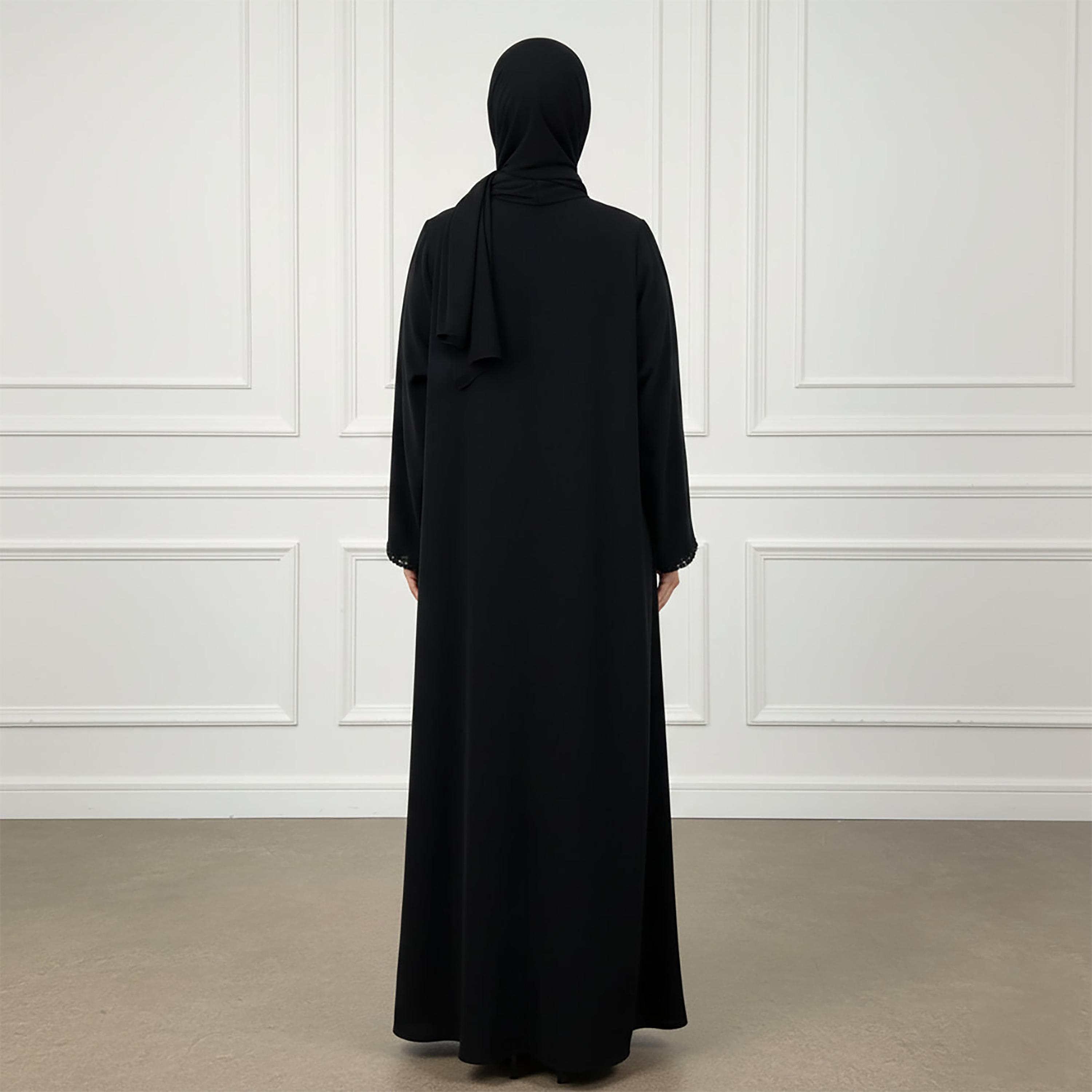 عباءة نسائية كلوش من قماش الندى بتفاصيل دانتيل بلون أسود مع حجاب من نخبة-women-arabicclothing-abayas-image-4
