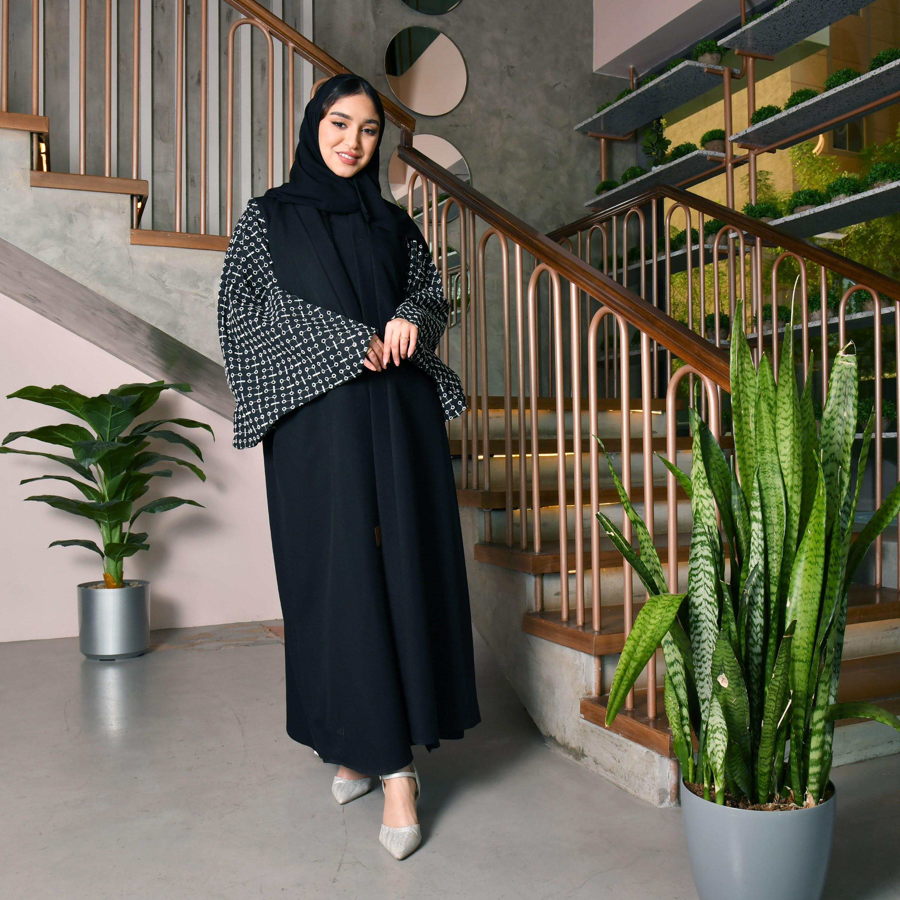 Hawraa Black Flared Sleeves Crepe Embroidered Wrap Abaya with Hijab-women-arabicclothing-abayas-image-1