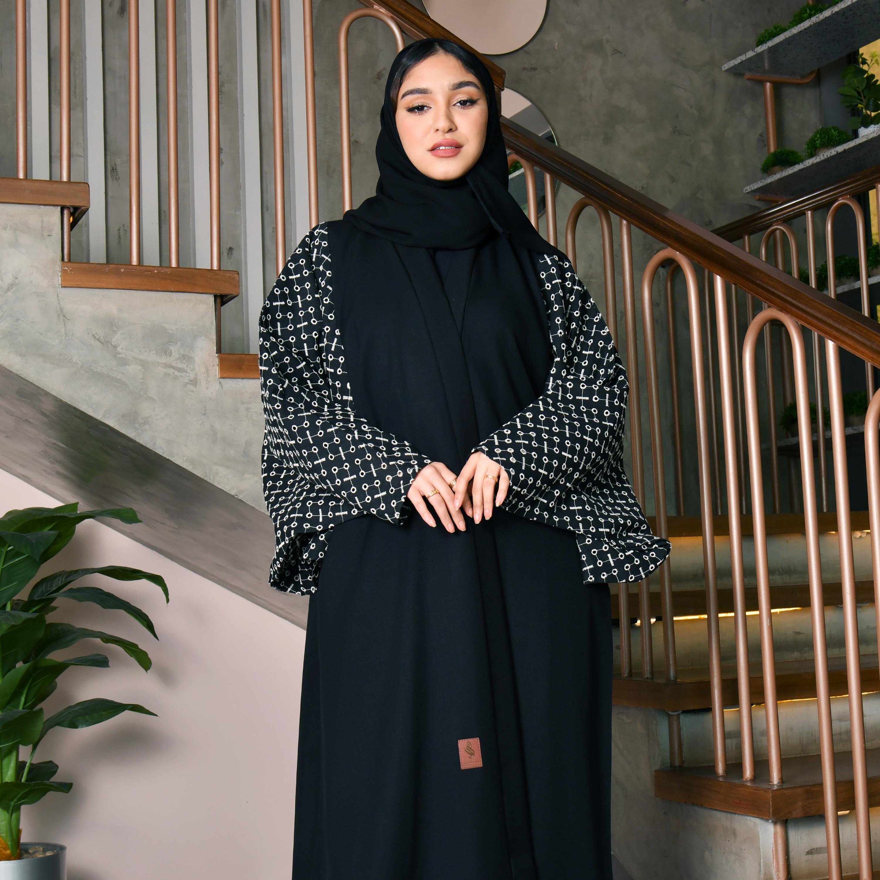 Hawraa Black Flared Sleeves Crepe Embroidered Wrap Abaya with Hijab-women-arabicclothing-abayas-image-2