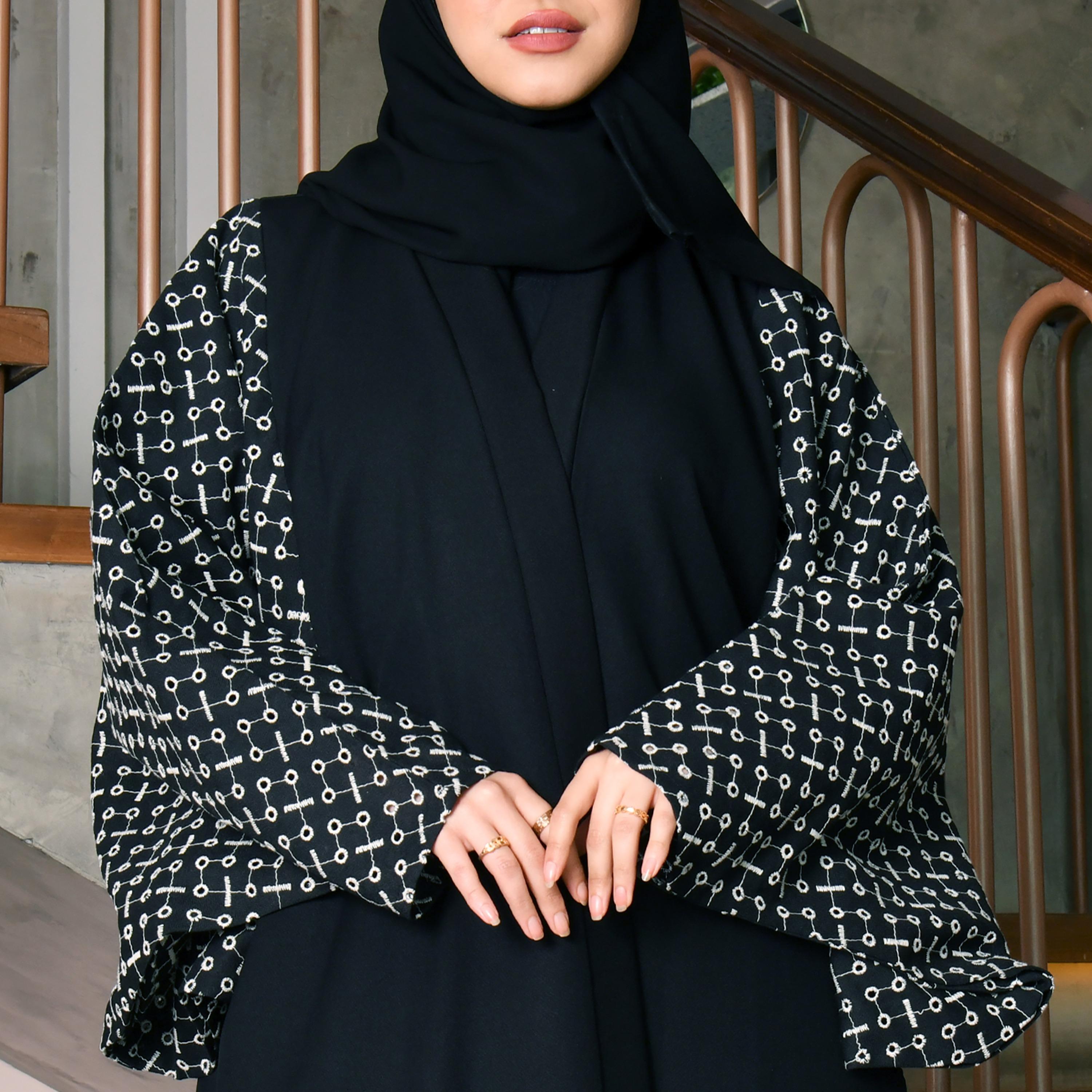 Hawraa Black Flared Sleeves Crepe Embroidered Wrap Abaya with Hijab-women-arabicclothing-abayas-image-3