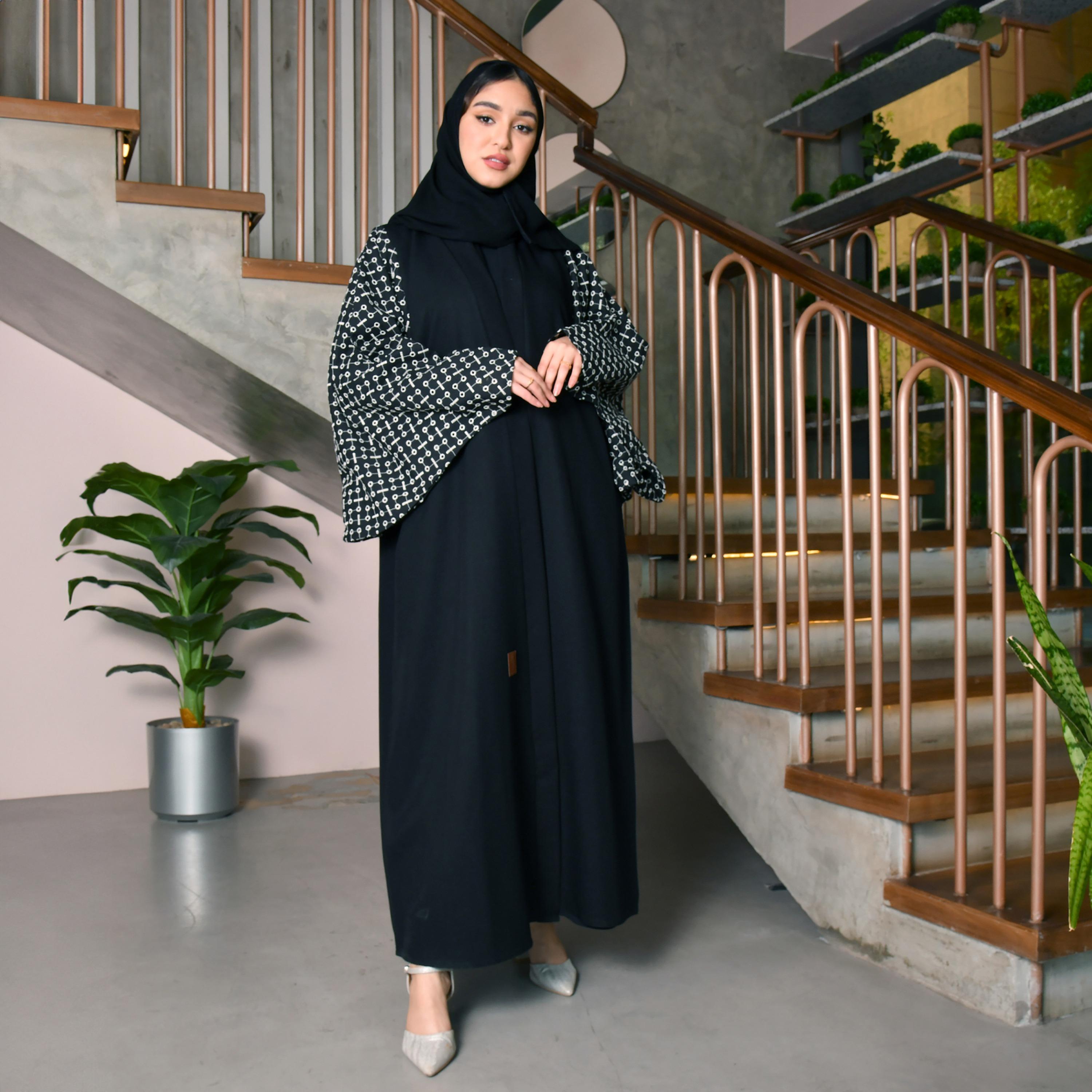 Hawraa Black Flared Sleeves Crepe Embroidered Wrap Abaya with Hijab-women-arabicclothing-abayas-image-4