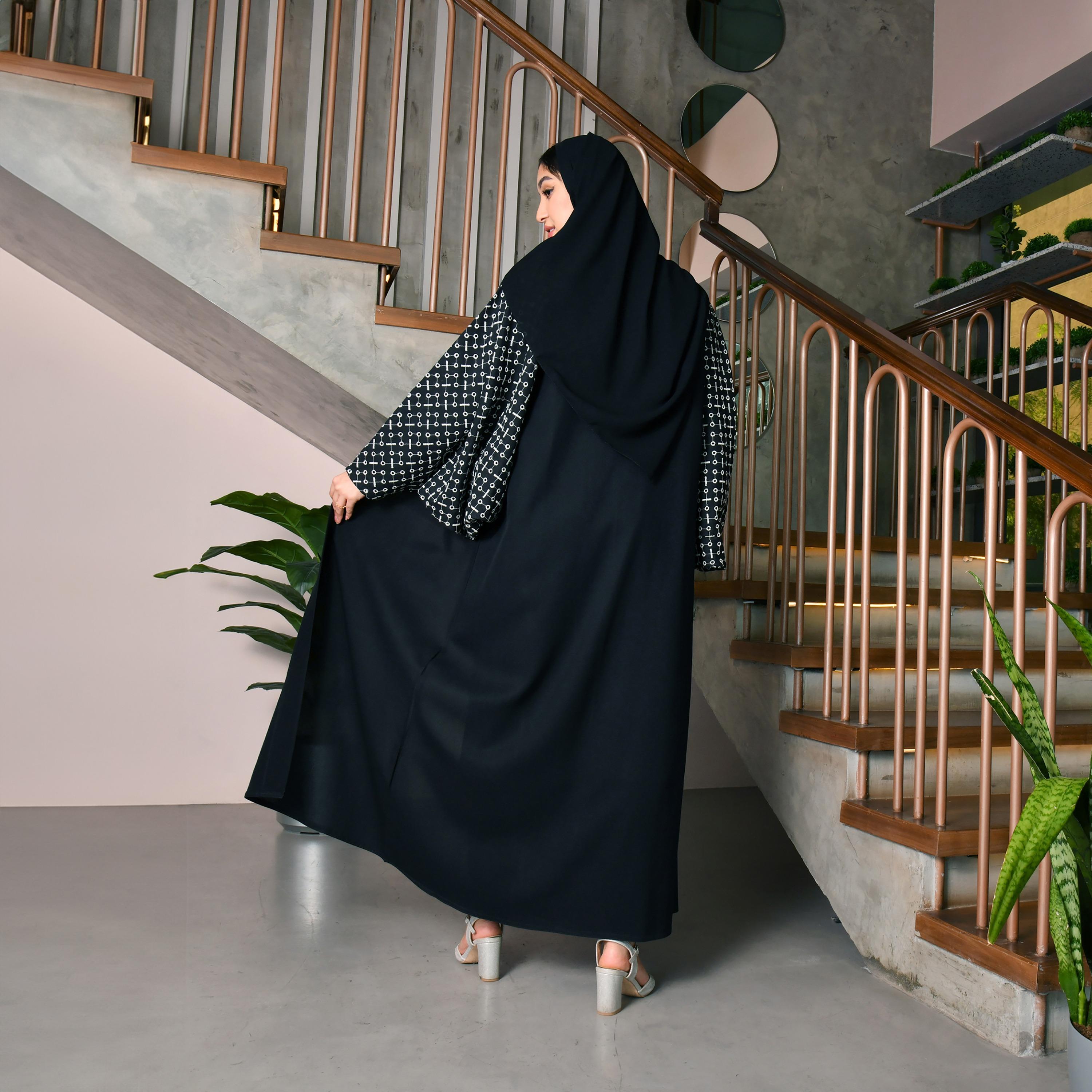 Hawraa Black Flared Sleeves Crepe Embroidered Wrap Abaya with Hijab-women-arabicclothing-abayas-image-5