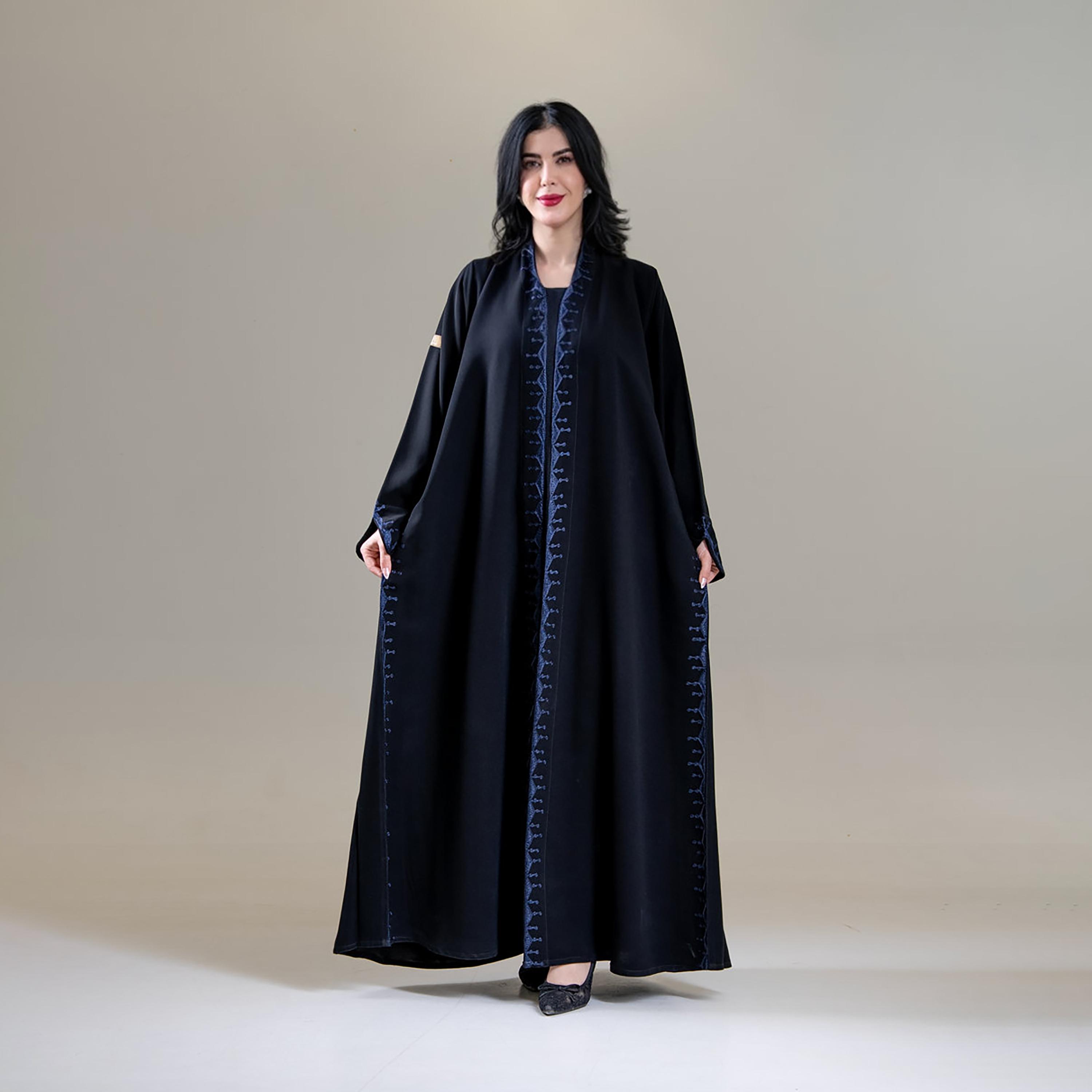 Aljamal Alraaqi Black Contrast Piping Creativity Crepe Women's Double Cloche Abaya-women-arabicclothing-abayas-image-1