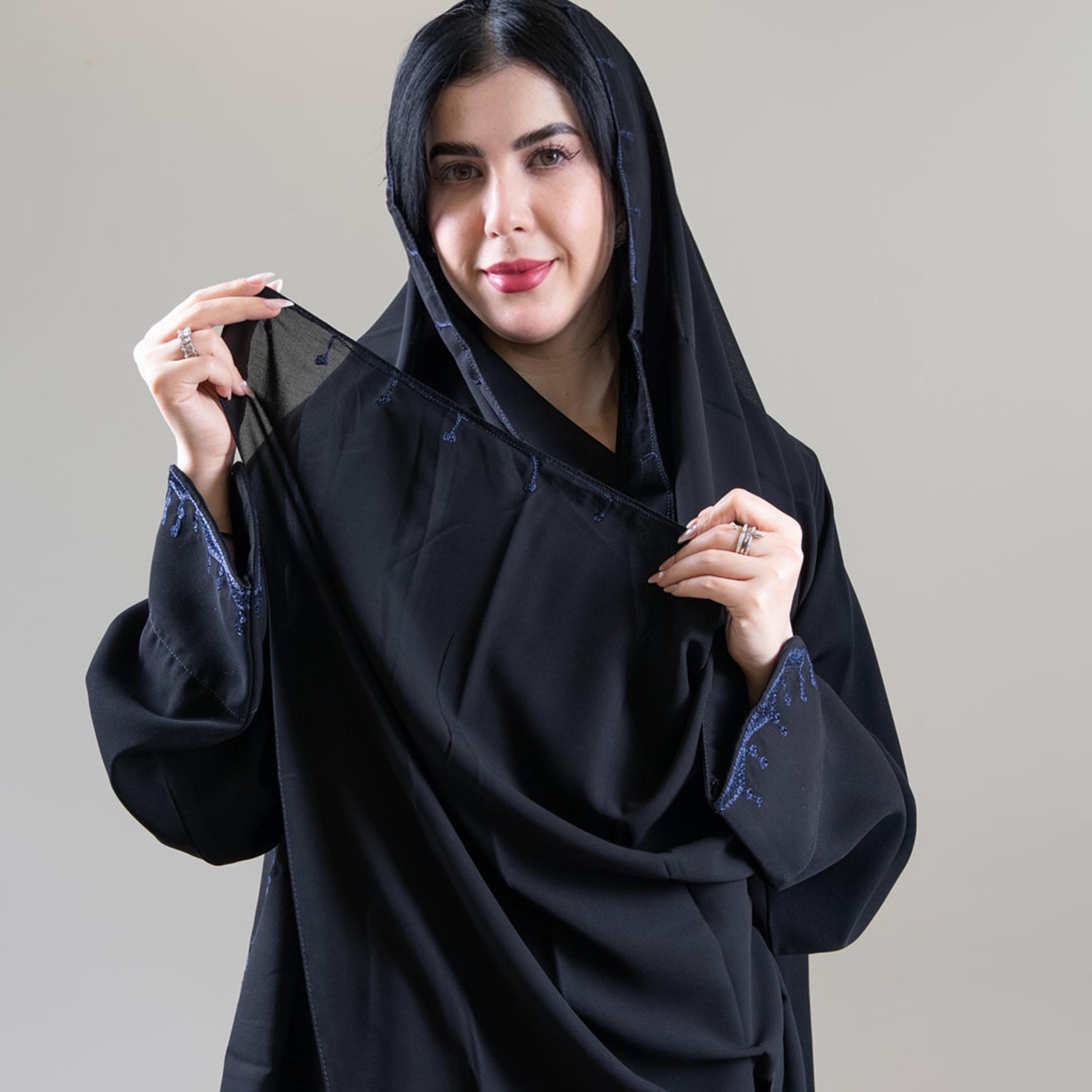 Aljamal Alraaqi Black Contrast Piping Creativity Crepe Women's Double Cloche Abaya-women-arabicclothing-abayas-image-2