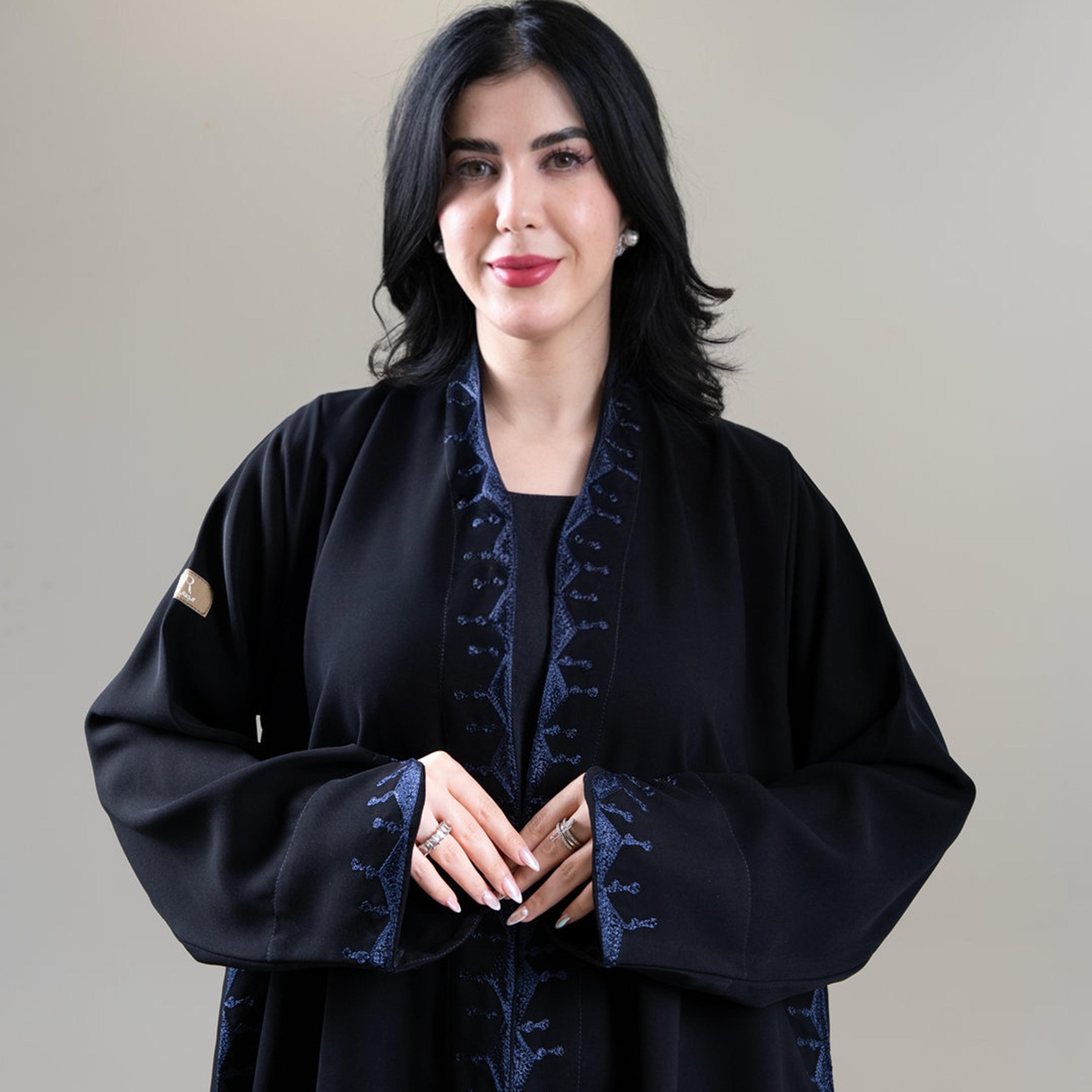Aljamal Alraaqi Black Contrast Piping Creativity Crepe Women's Double Cloche Abaya-women-arabicclothing-abayas-image-3