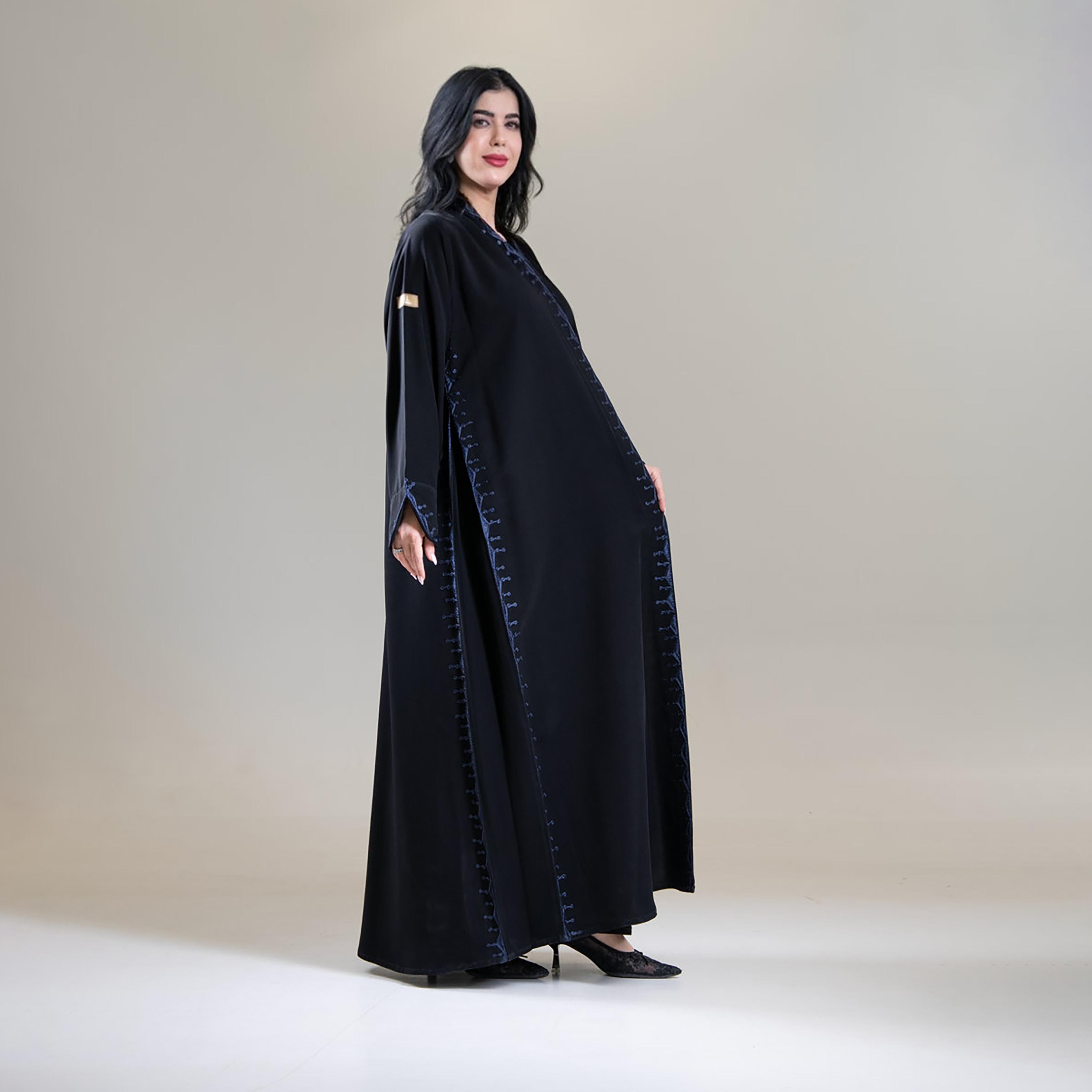 Aljamal Alraaqi Black Contrast Piping Creativity Crepe Women's Double Cloche Abaya-women-arabicclothing-abayas-image-4