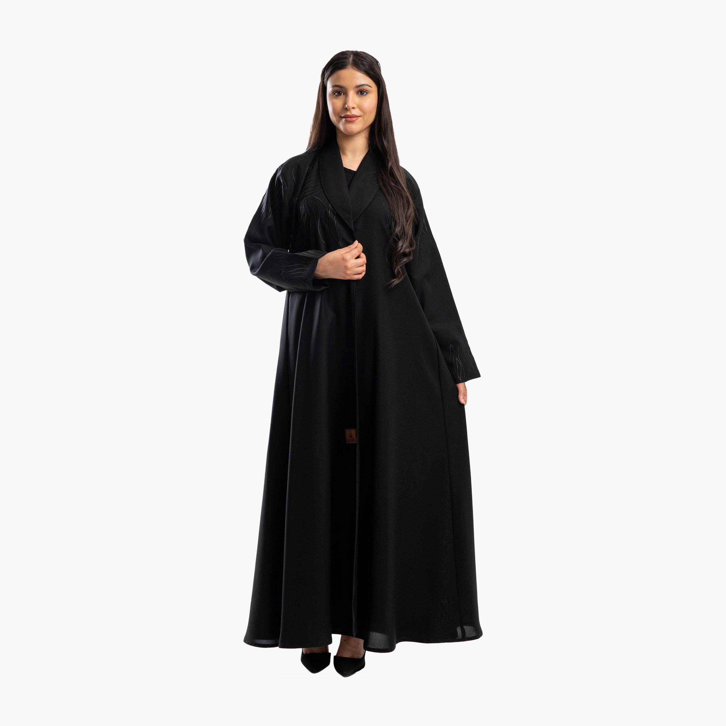 Zahiyh Black Embroidered Lapel Collar Formal Flared Blazer Style Abaya-women-arabicclothing-abayas-image-1