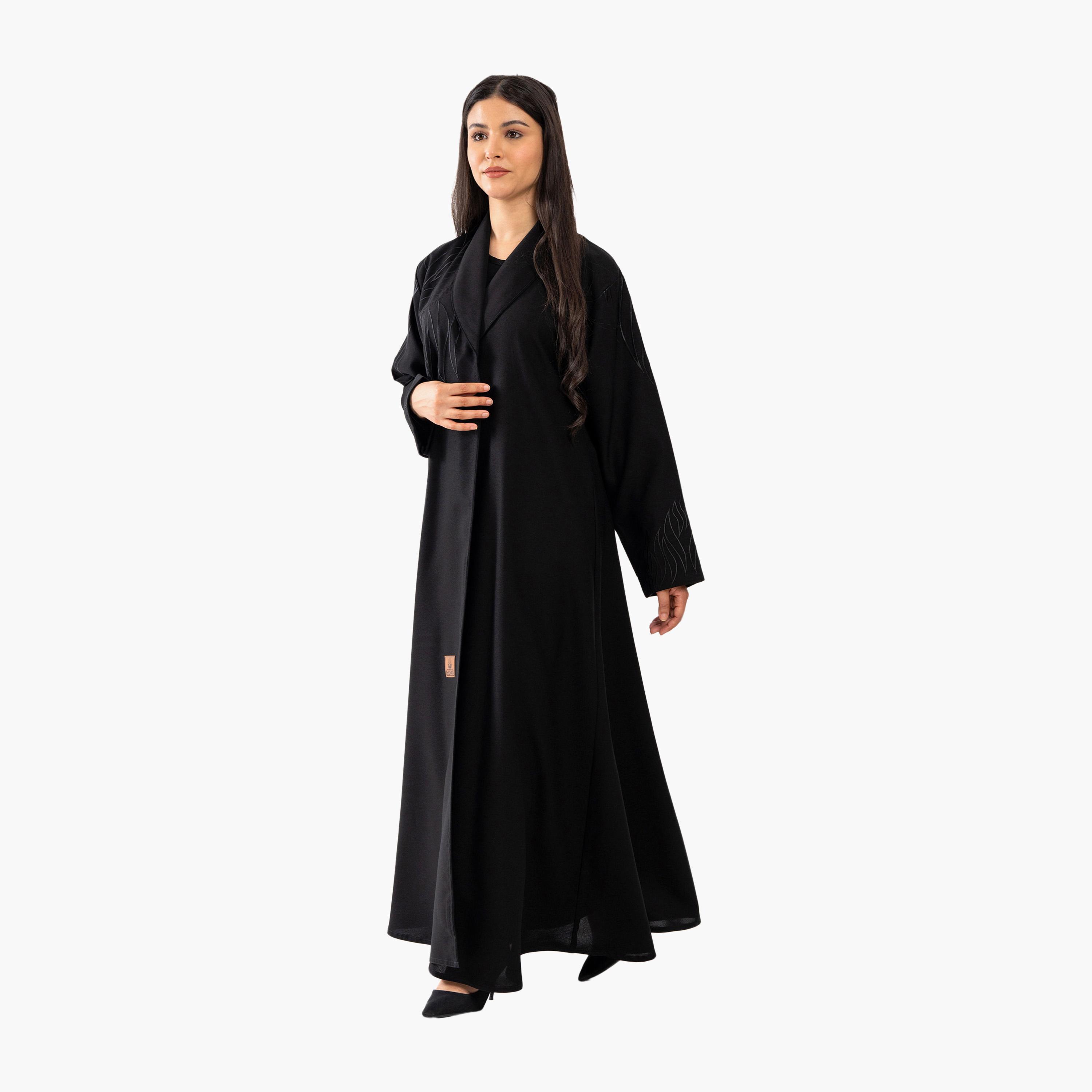 Zahiyh Black Embroidered Lapel Collar Formal Flared Blazer Style Abaya-women-arabicclothing-abayas-image-2