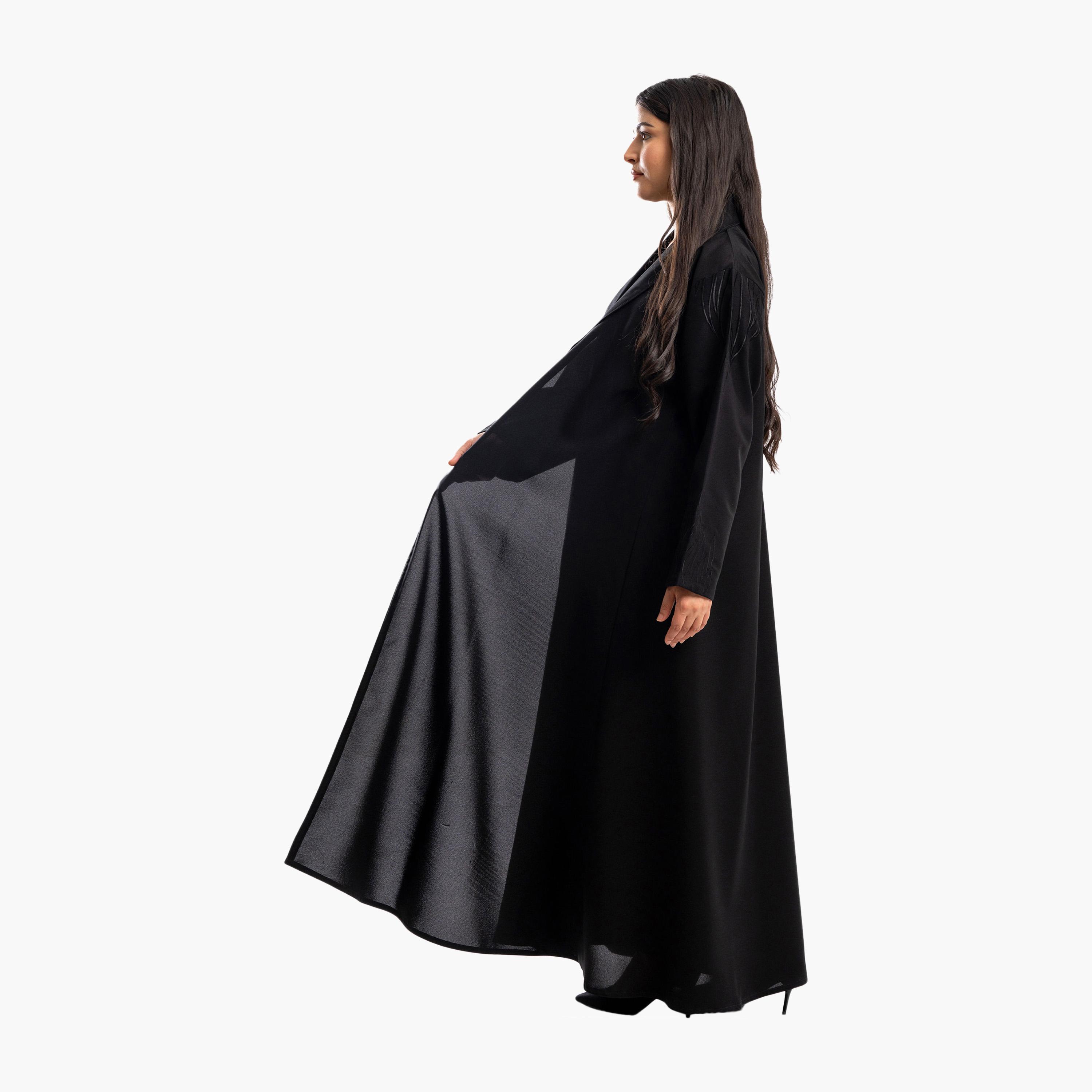 Zahiyh Black Embroidered Lapel Collar Formal Flared Blazer Style Abaya-women-arabicclothing-abayas-image-3