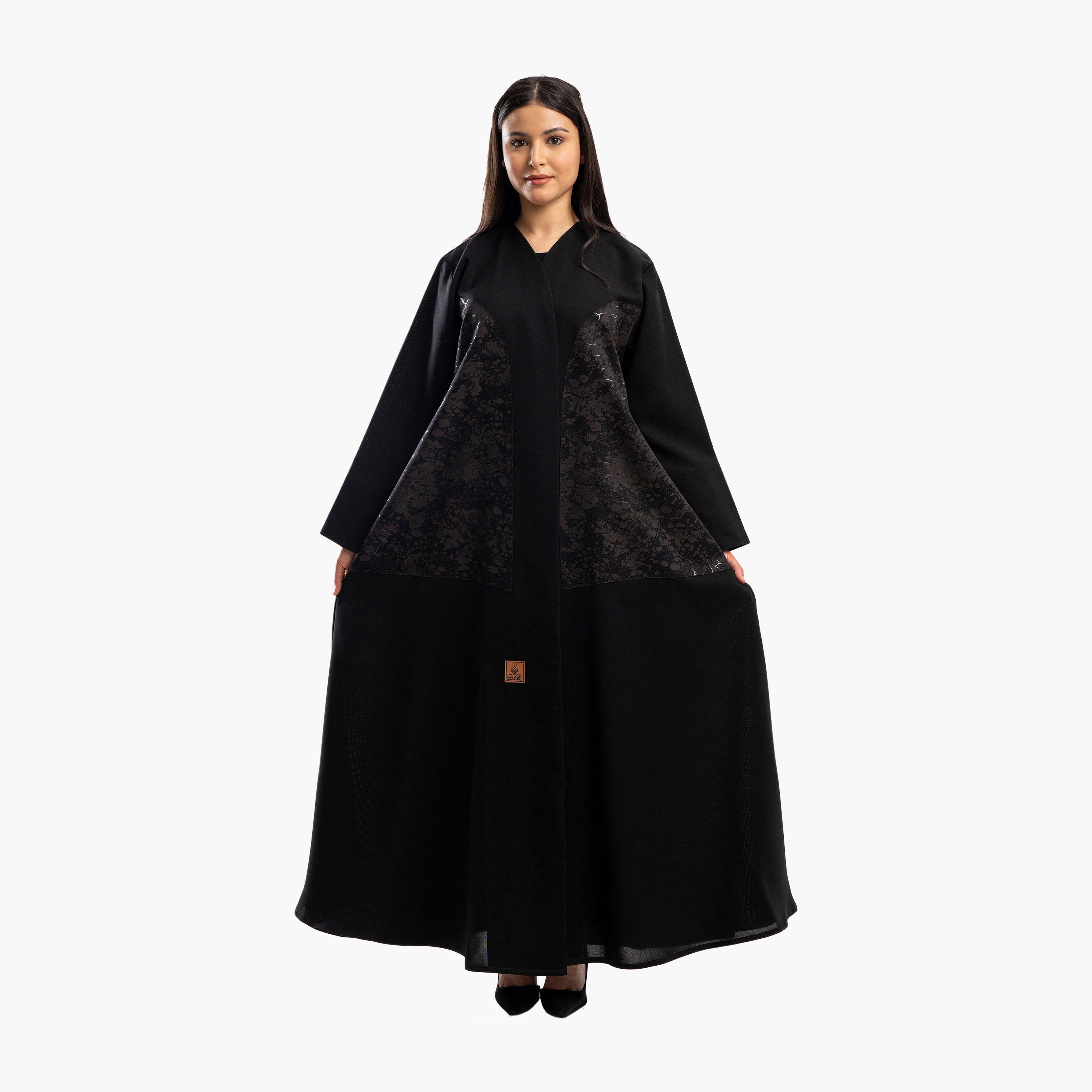 Zahiyh Black Abstract Print Flared Abaya-women-arabicclothing-abayas-image-1