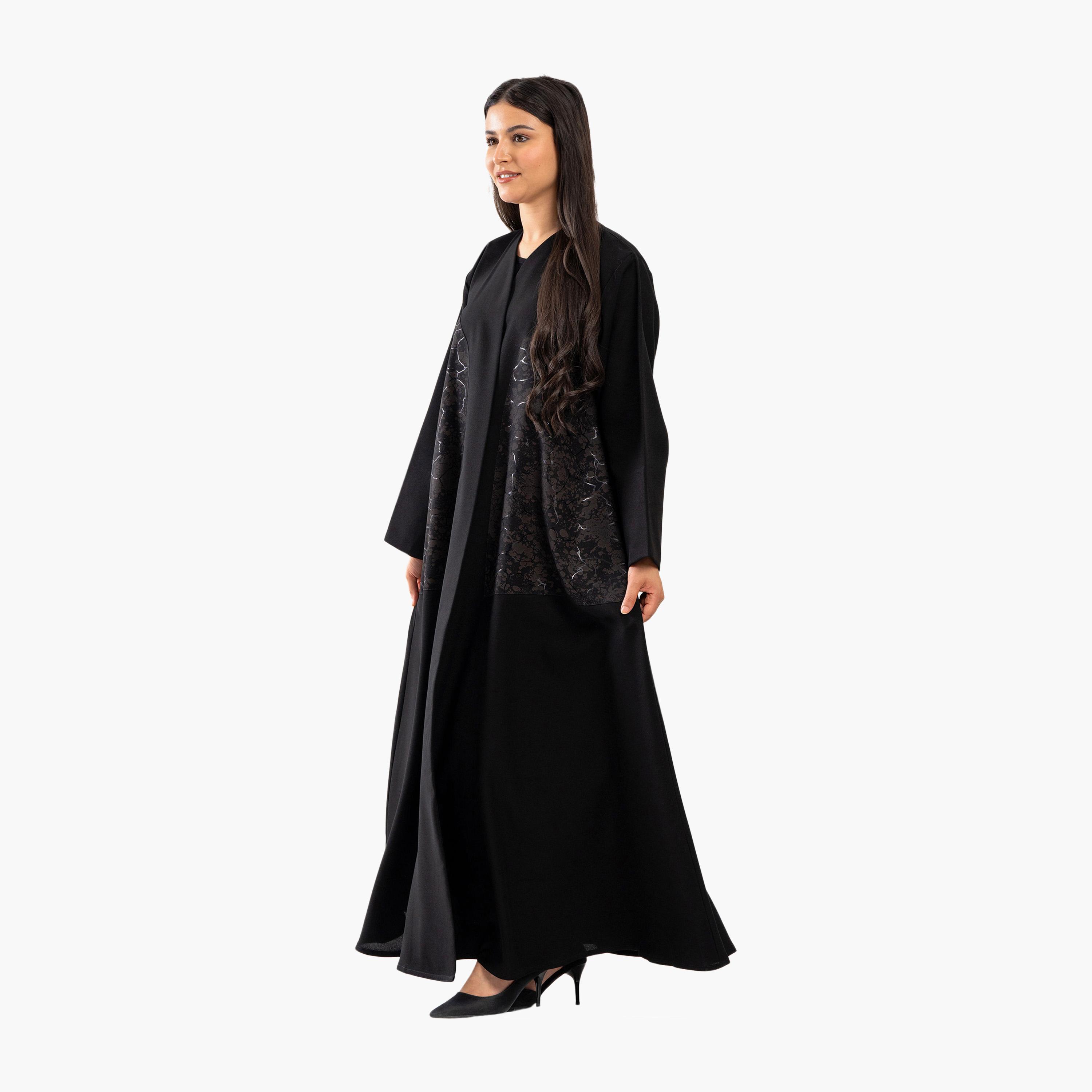 Zahiyh Black Abstract Print Flared Abaya-women-arabicclothing-abayas-image-2