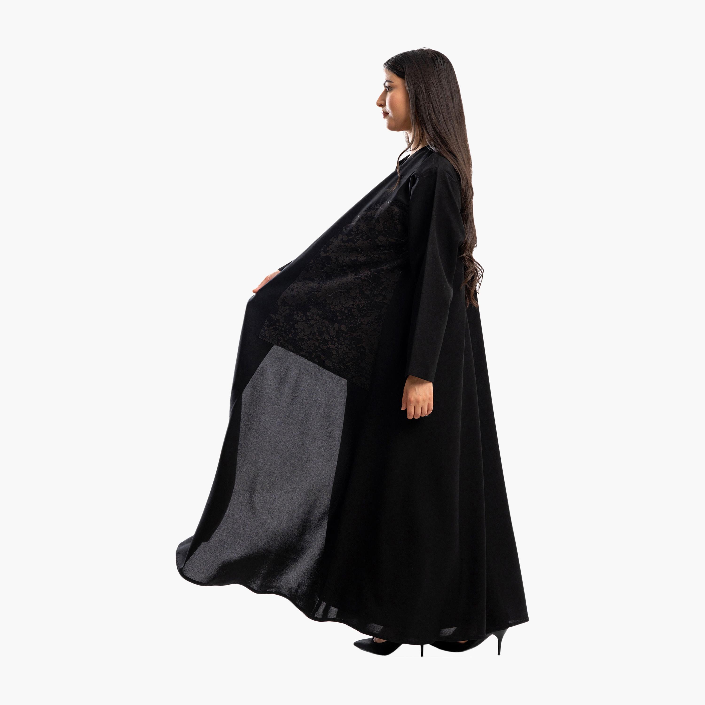 Zahiyh Black Abstract Print Flared Abaya-women-arabicclothing-abayas-image-3