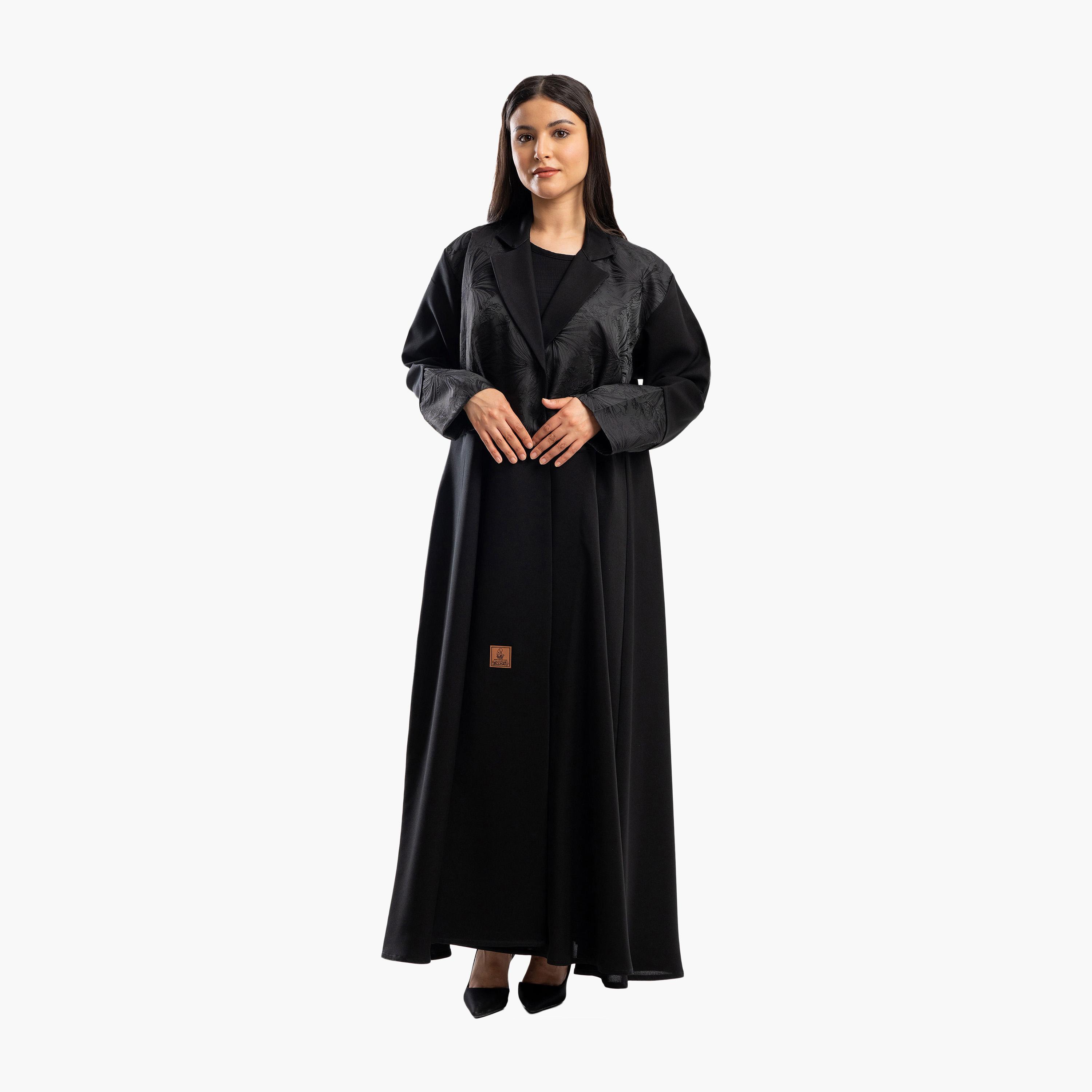 Zahiyh Black Floral Print Lapel Collar Formal Flared Abaya-women-arabicclothing-abayas-image-1