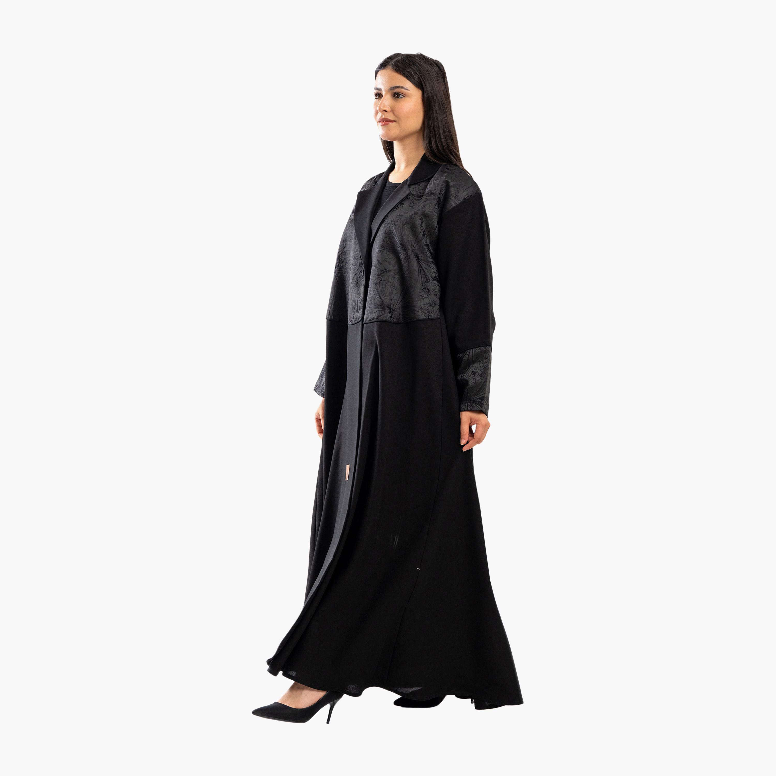 Zahiyh Black Floral Print Lapel Collar Formal Flared Abaya-women-arabicclothing-abayas-image-2