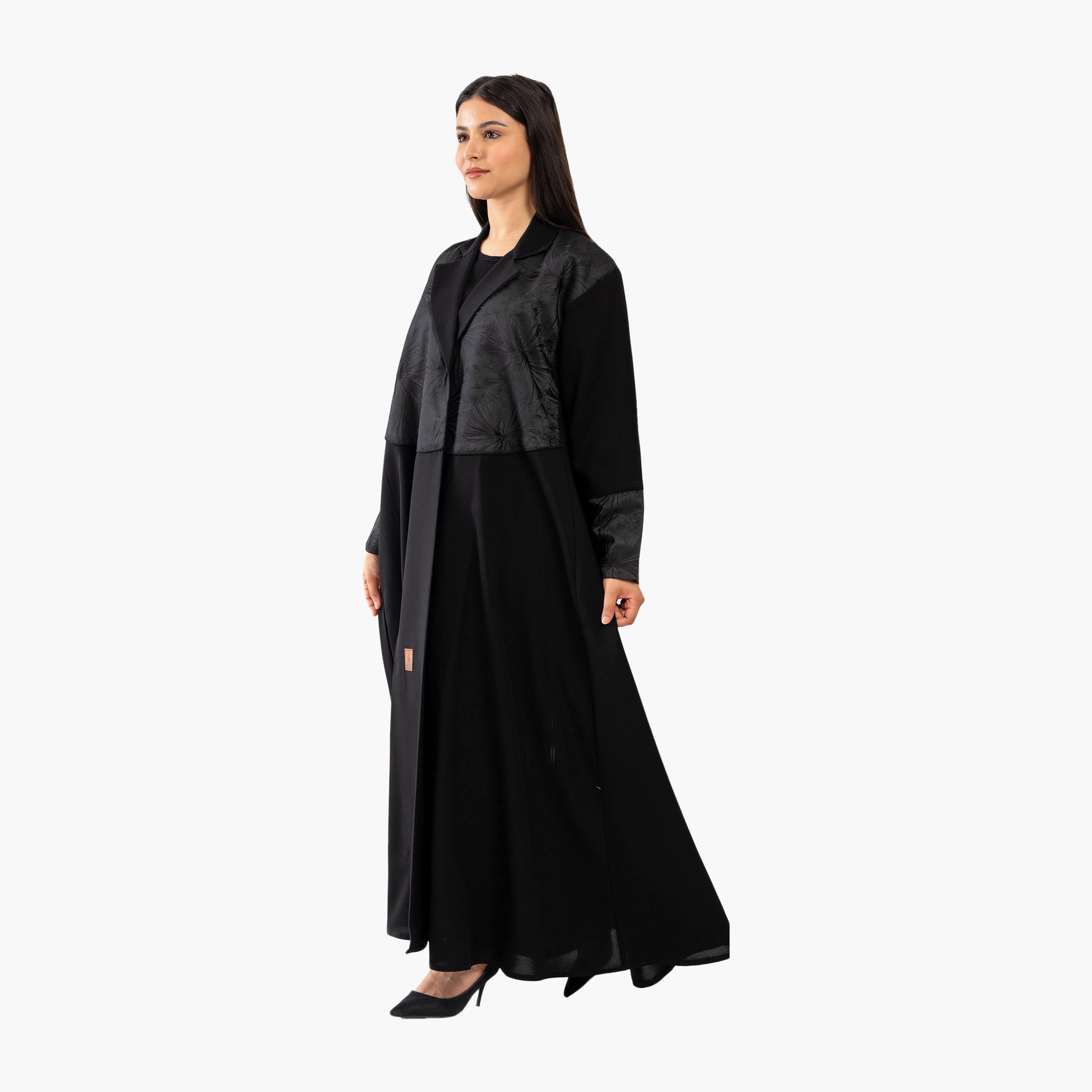 Zahiyh Black Floral Print Lapel Collar Formal Flared Abaya-women-arabicclothing-abayas-image-3