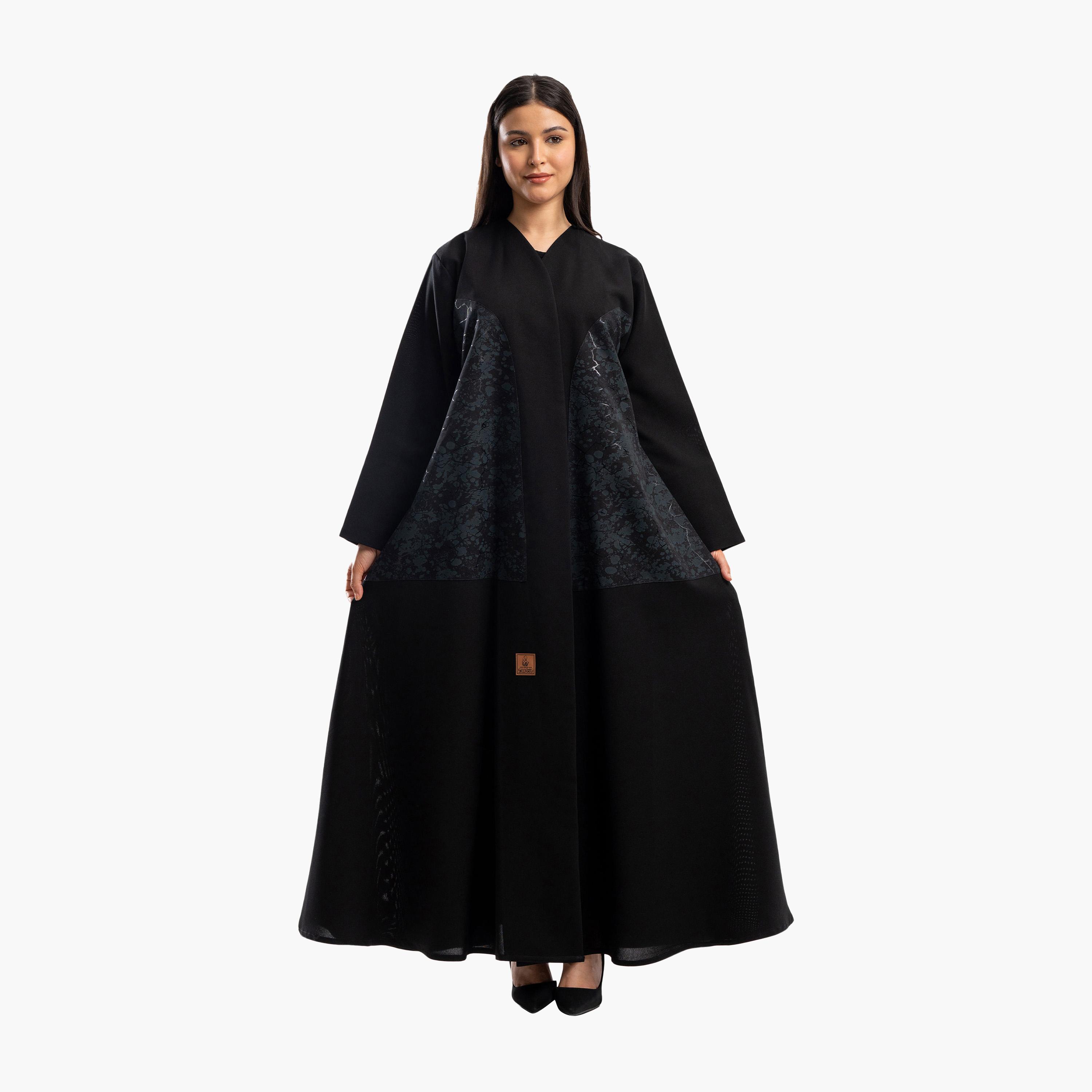 Zahiyh Black Floral Print Flared Abaya-women-arabicclothing-abayas-image-1