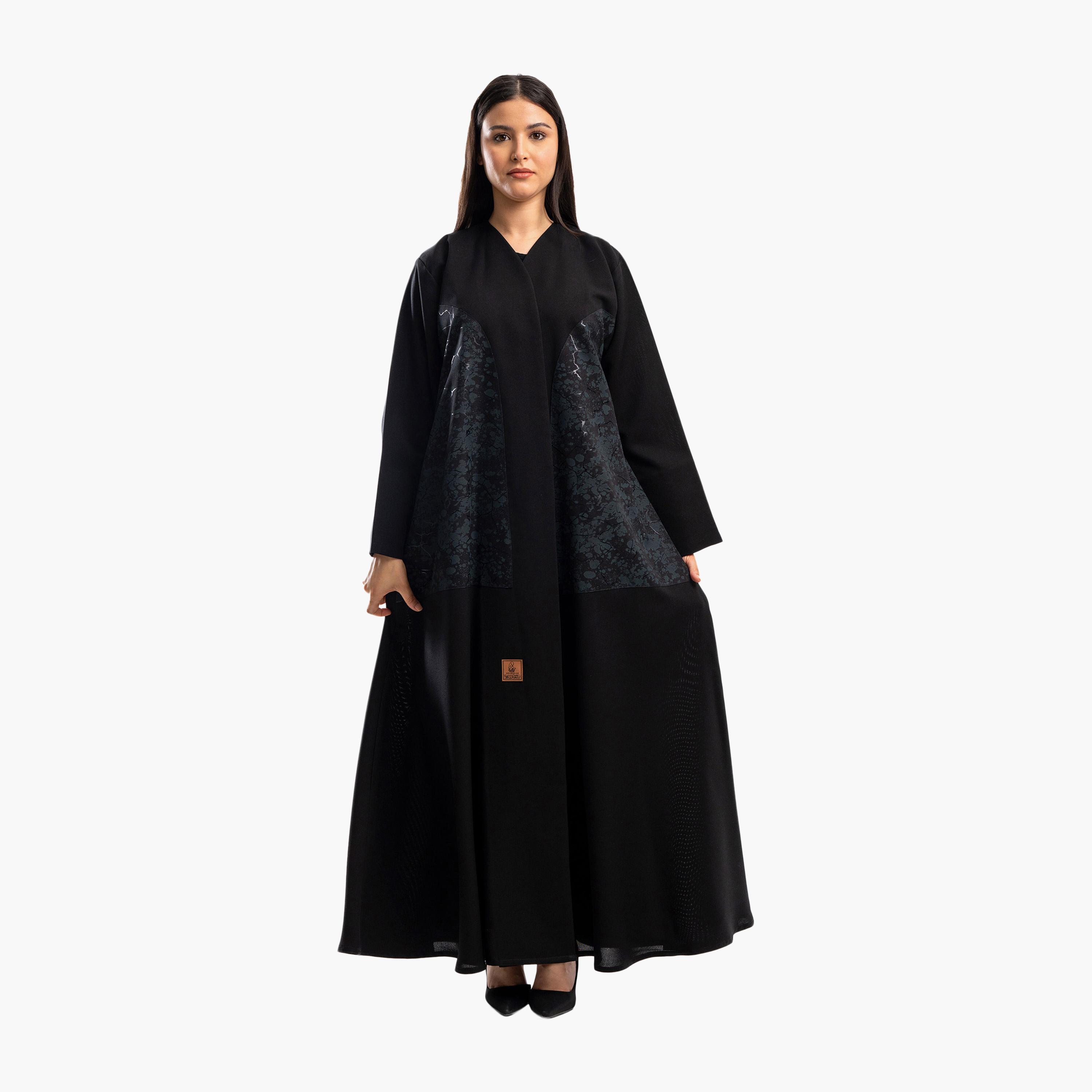 Zahiyh Black Floral Print Flared Abaya-women-arabicclothing-abayas-image-2