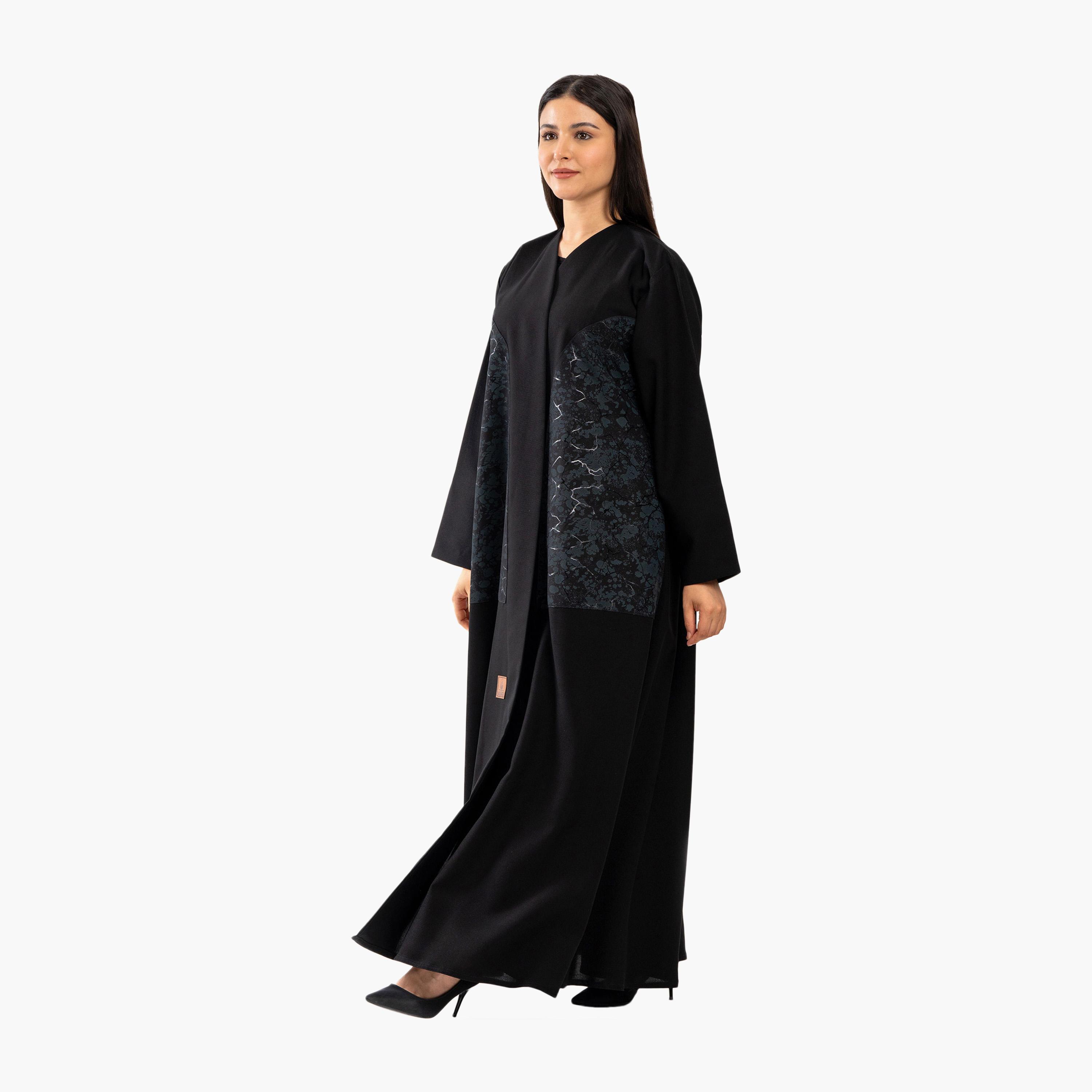 Zahiyh Black Floral Print Flared Abaya-women-arabicclothing-abayas-image-3
