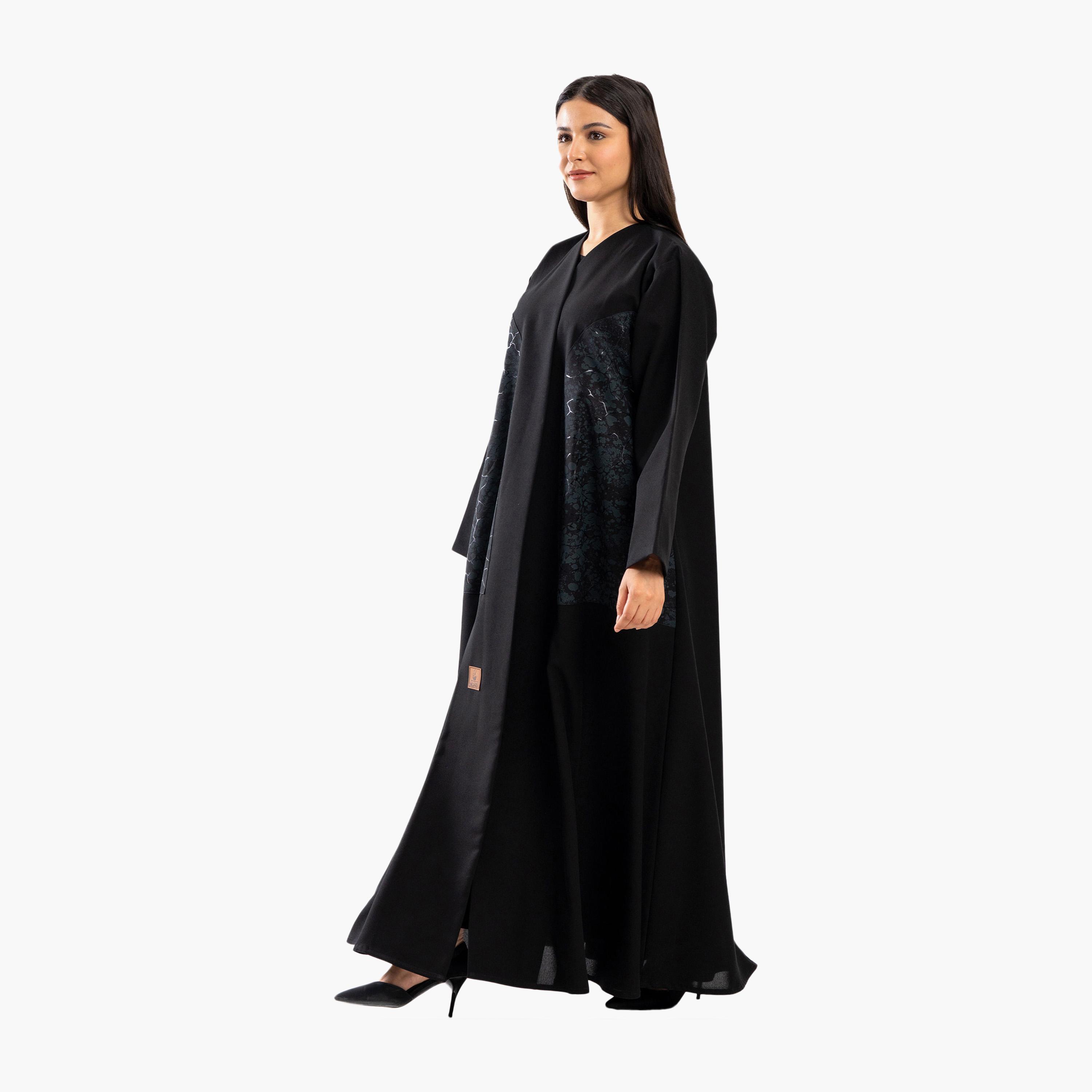 Zahiyh Black Floral Print Flared Abaya-women-arabicclothing-abayas-image-4