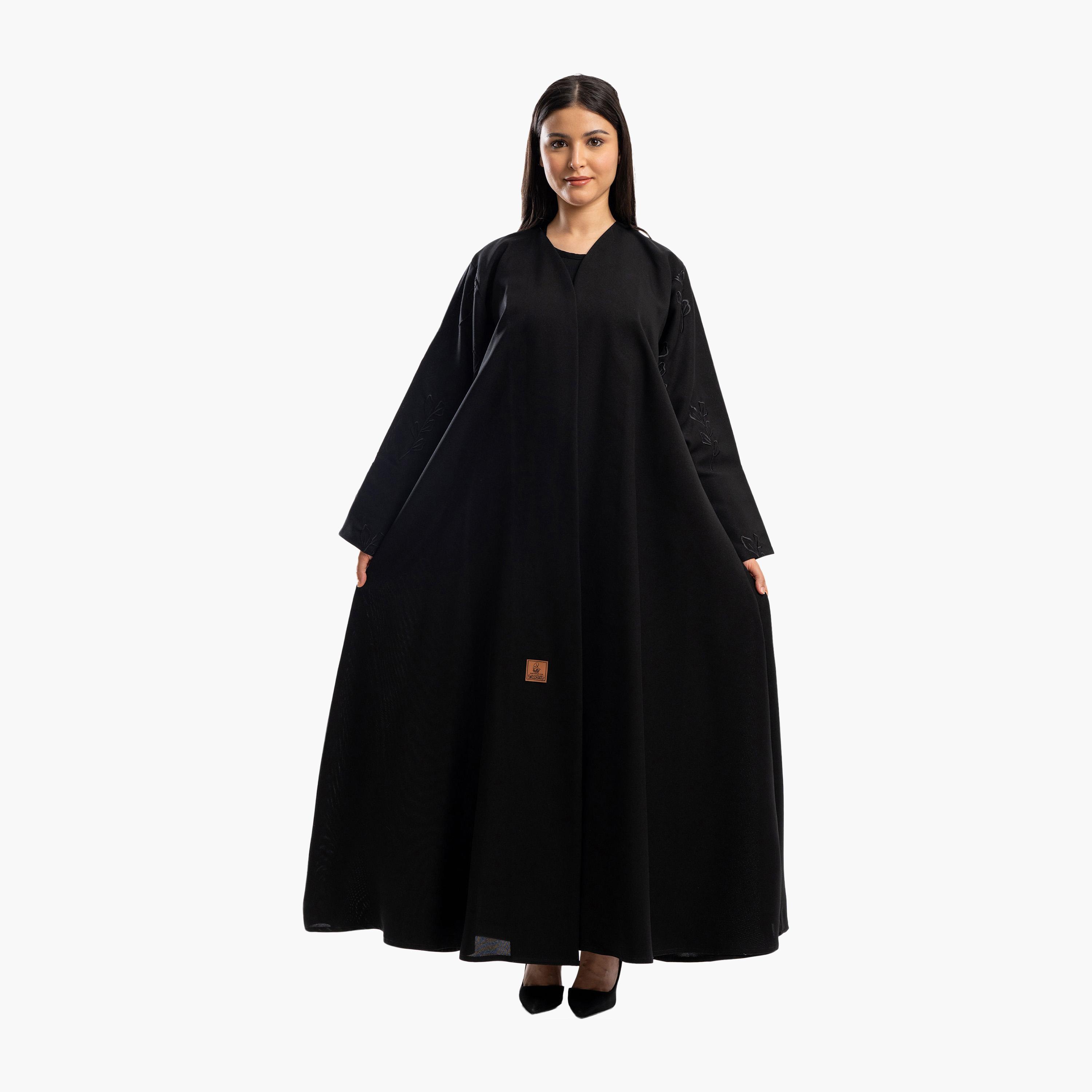 Zahiyh Black Embroidered Flared Abaya-women-arabicclothing-abayas-image-1