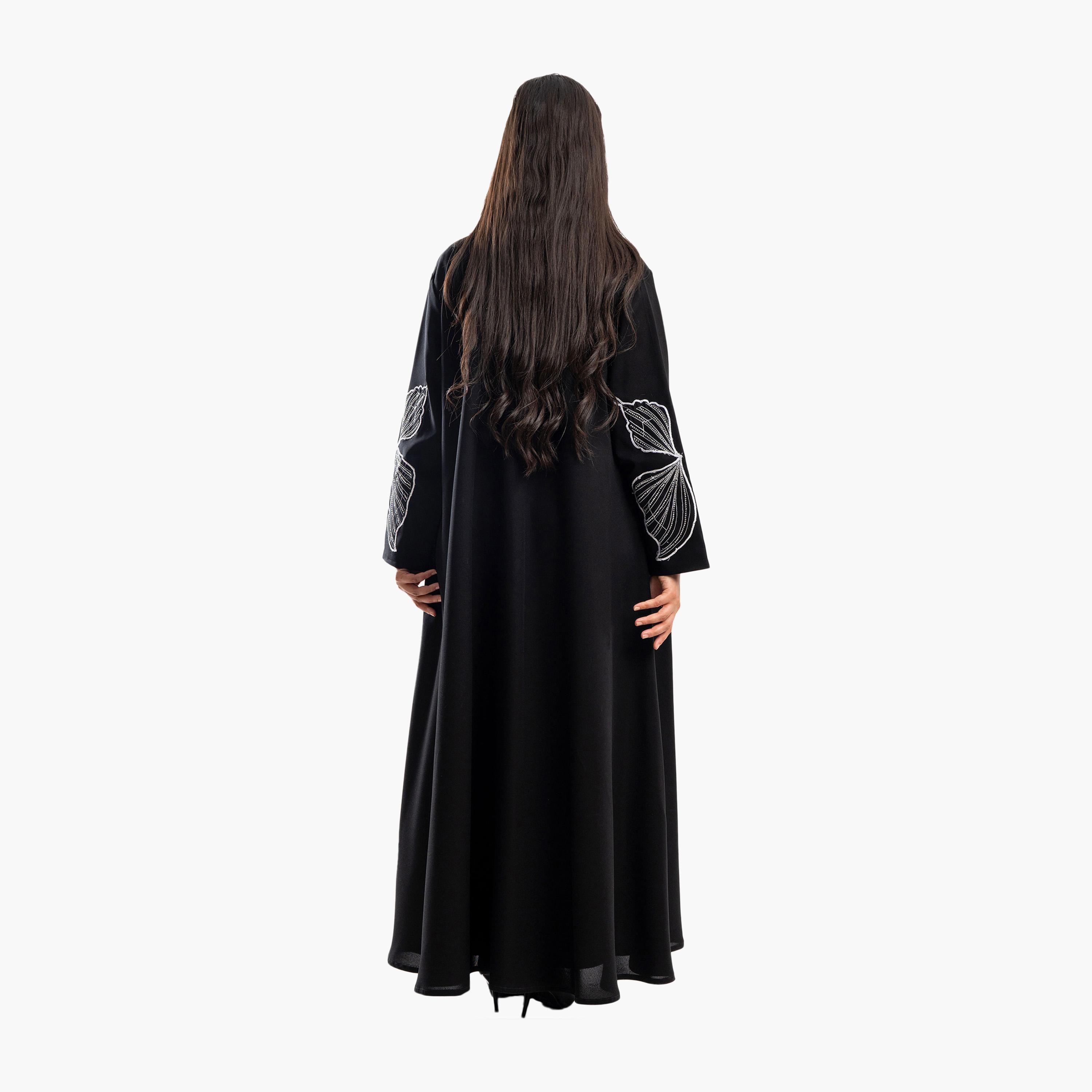 Zahiyh Black Butterfly Embroidered Sleeves Flared Abaya-women-arabicclothing-abayas-image-2